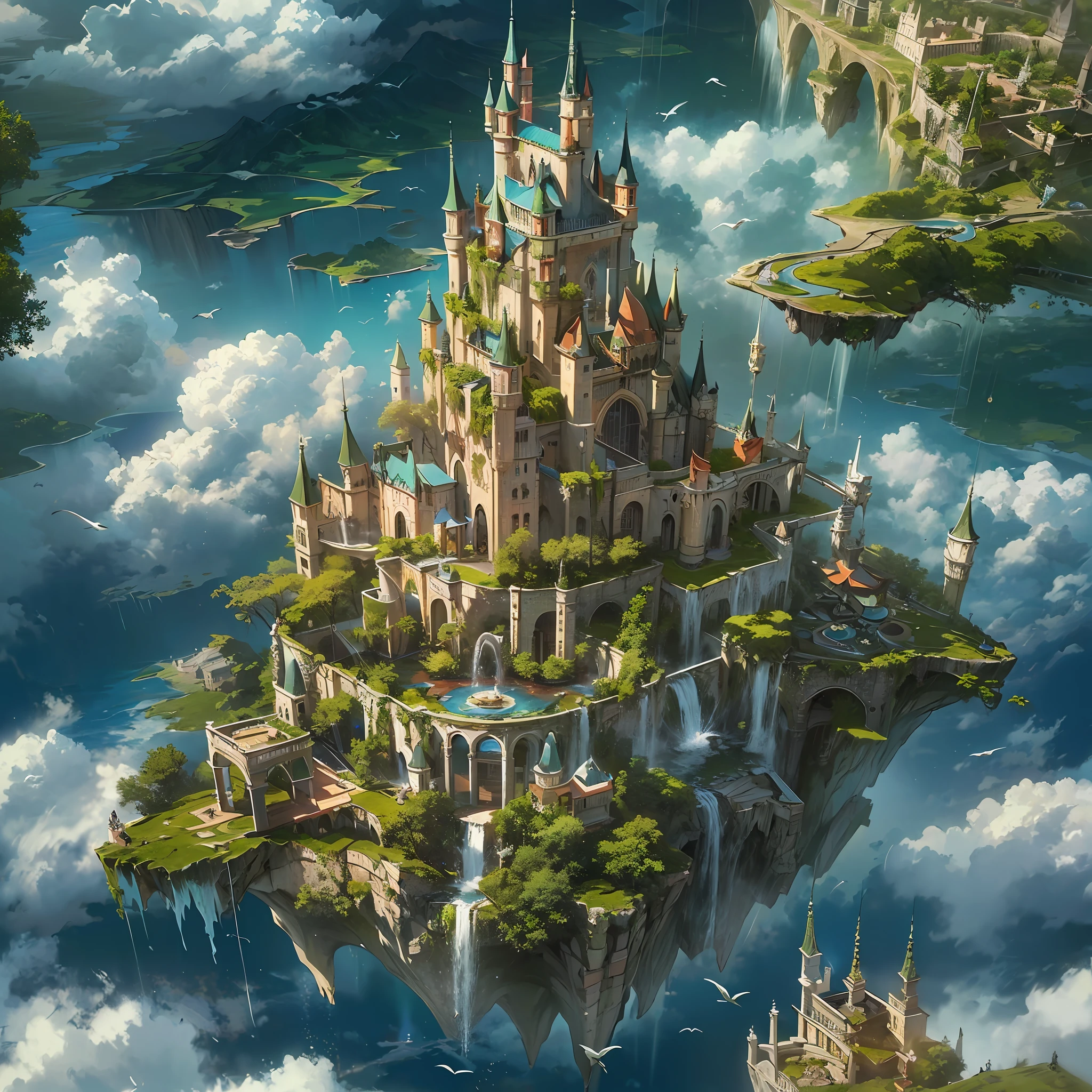 (an artist's design of a floating Castle on the floating the land and Forest and Fountain in the air, above the A few clouds and thunderstorms)1.4, bird's-eye view, scenery, no humans, a fantastic magical world,  (Best quality), (masterpiece:1.3), (photorealistic:1.36), (realistic), ultra-detailed,, detail background,