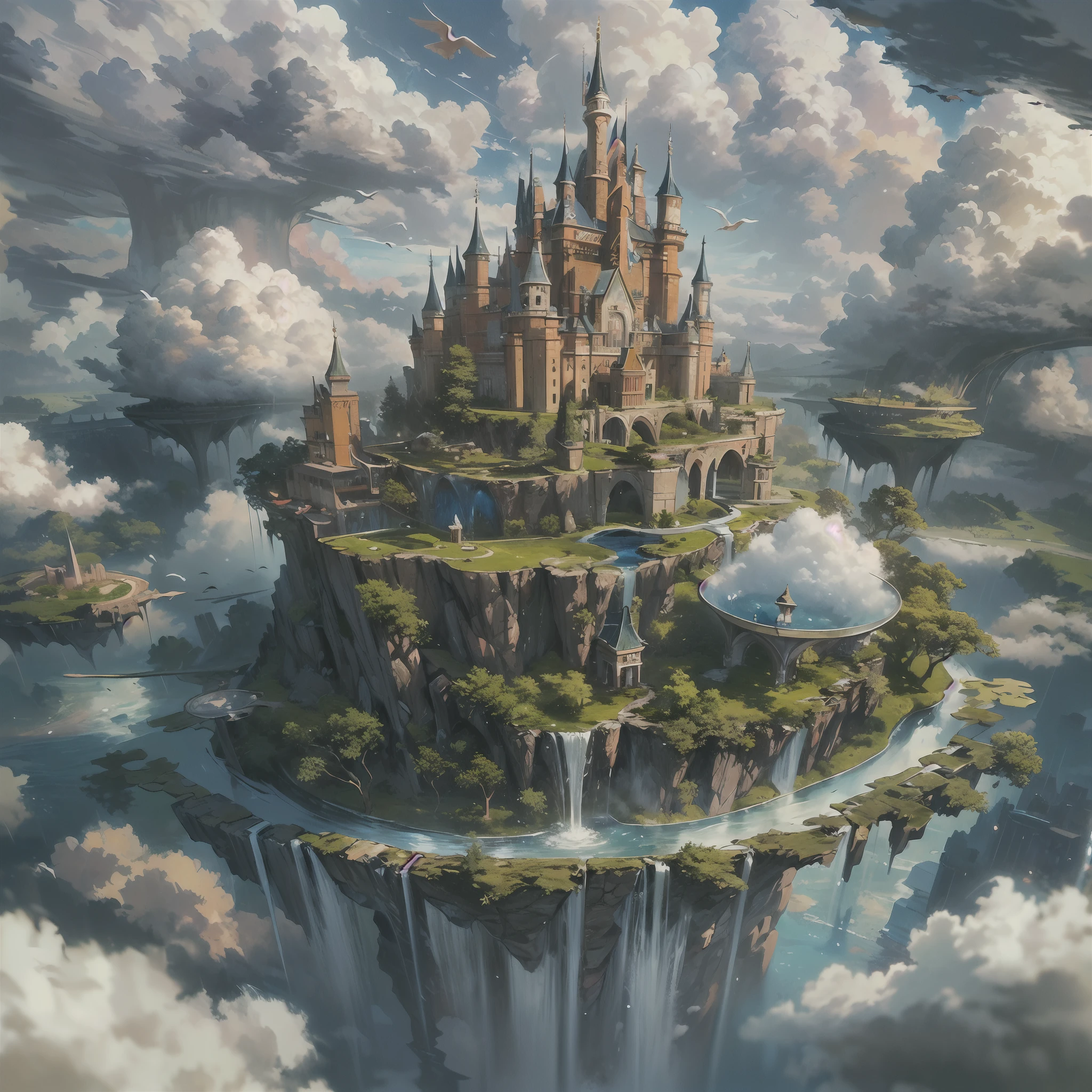 (an artist's design of a floating Castle on the floating the land and Forest and Fountain in the air, above the A few clouds and thunderstorms)1.4, bird's-eye view, scenery, no humans, a fantastic magical world, (Best quality), (masterpiece:1.3), (photorealistic:1.36), (realistic), ultra-detailed,, detail background,