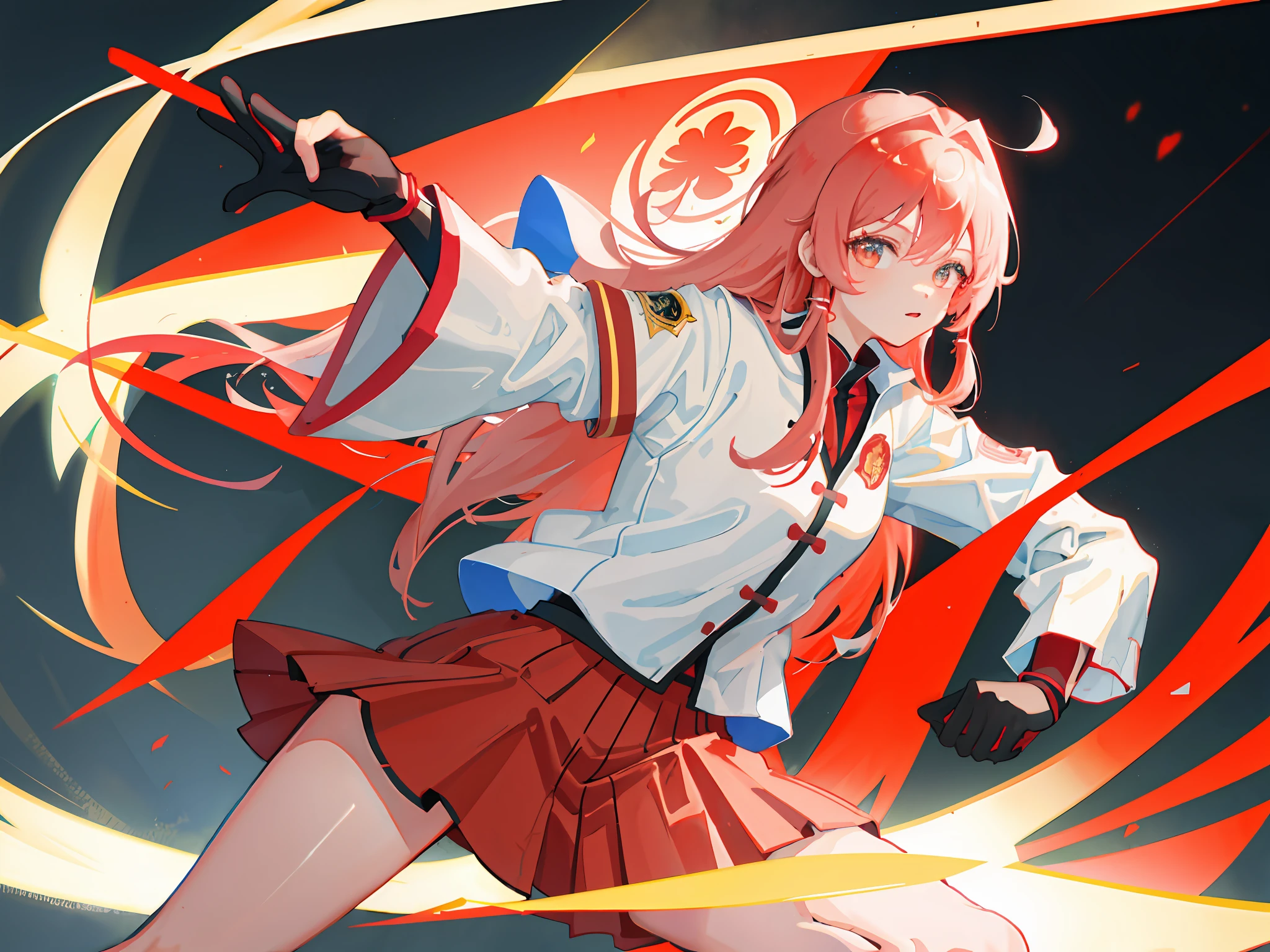 highr，1girll，Flag of China，Red long-haired，red color eyes，Red martial arts costume，martial art pose，HighestQuali,4k，Chinese girl design，Genshin detailed art，Anime character design，anime concept art，pretty anime character design，anime character reference sheet，[character  design]，