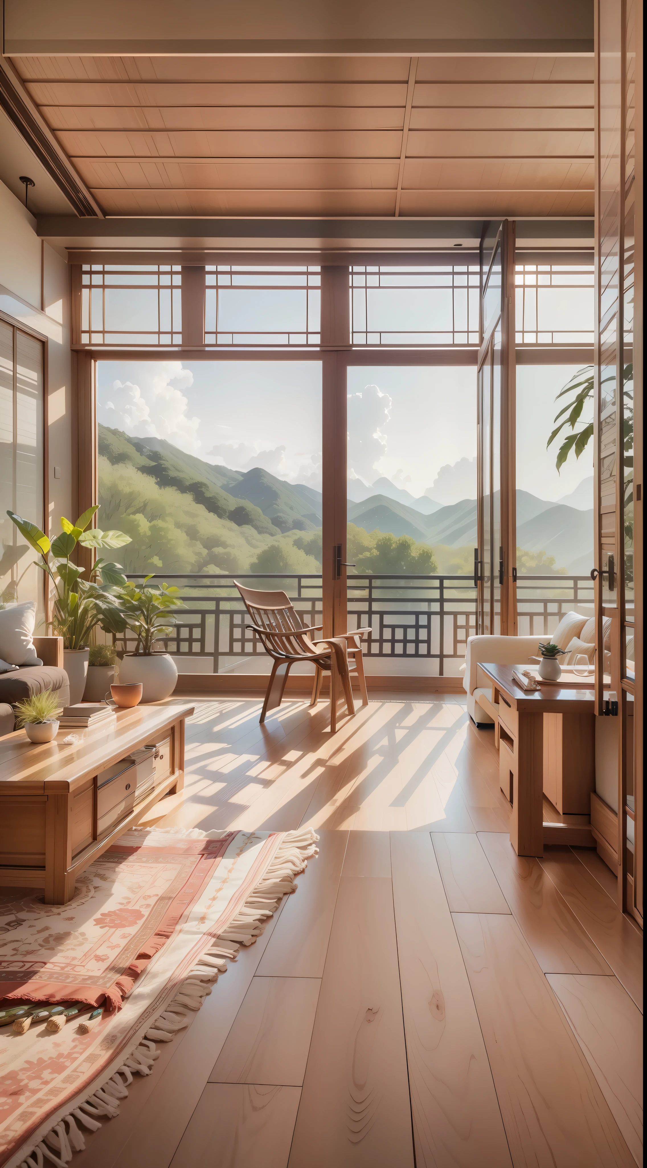 interior design、Insanely detailed wide-angle architectural photo、Cozy contemporary living room、(Bright and warm sunlight 1:0.1)、Award-winning contemporary interior design、landscapes、The table、a chair、in a house、Wooden flooring、window、resturant、east asian east asian architecture、sliding paper doors、abajour、architectural、the woods、naturey、cups、a plant、interior design、Insert lighting and shadows、depth of fields、low illuminance