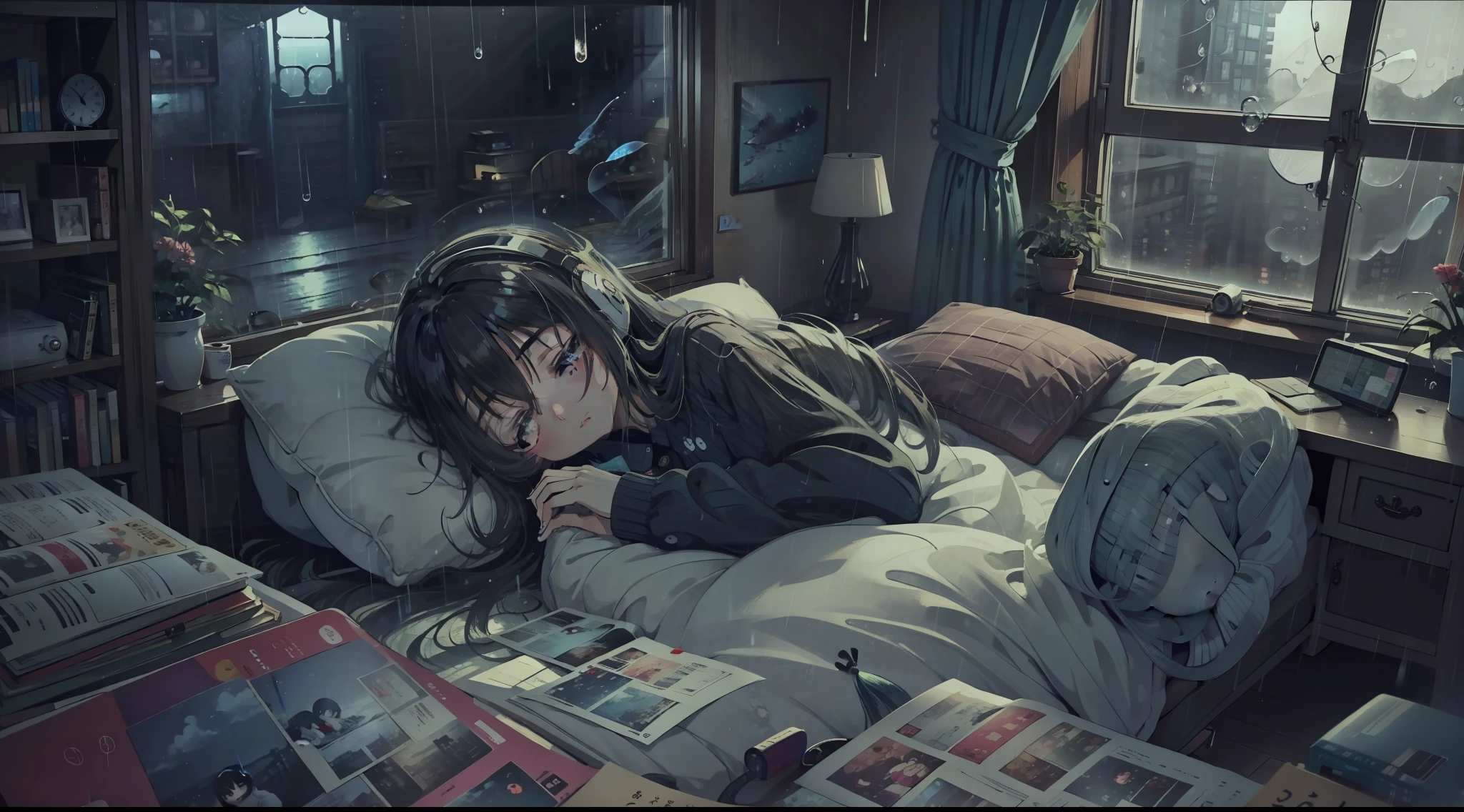 Bedroom, sleep, window, Night, a computer, head phone, chuunibyou, 1girl in, fisheyes, Very long hair,rainy day