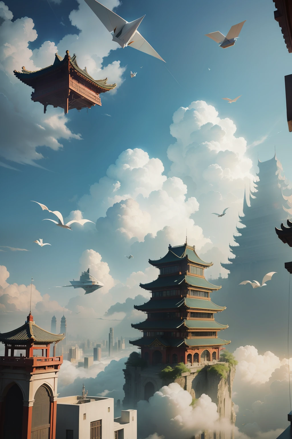 romanticism lain, Contemporary art, Cinematic lighting,hyper HD, Best quality，A city floating in the clouds，Ancient Chinese style architecture，Sunlight shines through the city's clouds，Blue sky，Paper airplanes fly out of the clouds，Child looking at the sky