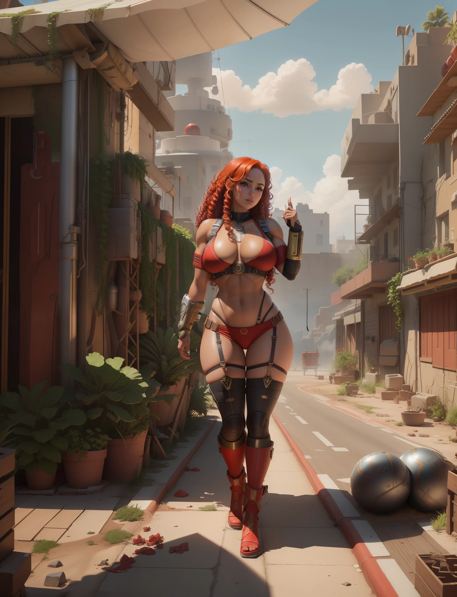 Latina woman ready for war, Inca, defined muscular sculptural body, half thick naked thighs, closed mouth, very tanned and shiny skin, only in panties, muscular body, city of the future, ((perfect large breasts)), (green eyes), (((curly red hair))), short underwear, garter belt, sexy pose, Ray Tracing,NVIDIA RTX,Super-Resolution,Unreal 5, Subsurface dispersion, PBR texture, Post-processing, Anisotropic filtering, Maximum clarity and sharpness, 8K RAW