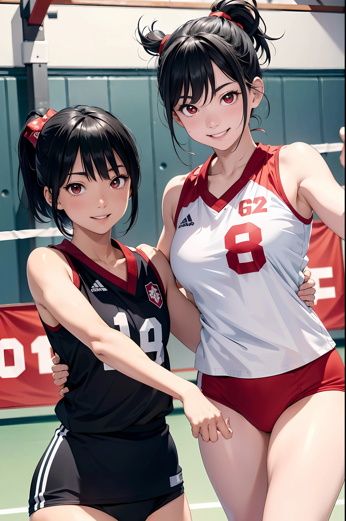 (top-quality、in 8K、32K、​masterpiece、nffsw、超A high resolution、Impresionismo、Photorealsitic:1.2)、Full body, Inside the gymnasium、Volleyball Court、beauitful face、blurry backround、16-year-old beautiful girl、shinny skin、bob cuts、Beautiful black hair、Red Eyes、(Hachimaki:1.2)、Volleyball Uniforms、Curve、dynamicposes、Smile with open mouth、Two girls