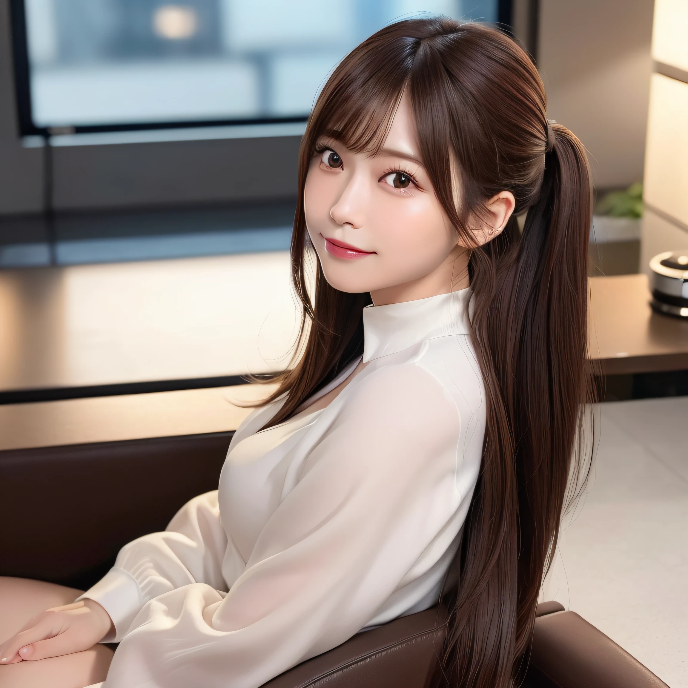 8k RAW photo,Best Quality, top-quality:1.1, ​masterpiece:1.3,超A high resolution, (Photorealistic:1.4), Raw photo, (upper thigh:1.5, From Side), natural skin textures:1.1, realistic eyes and face details:155, Full lips,(Background is blurry:1.4), (in a suite), 1 Japan women, Cute, (Solo:1.6), (Shy smile), (Dark brown eyes), Smooth skin, (Brown medium hair,Bangs), (touch hair:1.4),nogizaka,s Office,Business suits、full bodyesbian、poneyTail、Sit on the sofa
