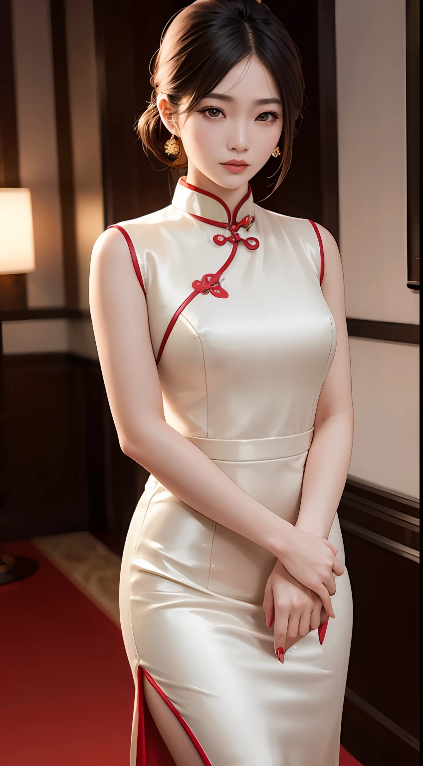 Asian woman, A fashion model, wearing cheongsam, Glamour, paparazzi taking pictures of her, Blonde hair, Brown eyes, 8K, High quality, Masterpiece, Best quality, HD, Extremely detailed, voluminetric lighting, Photorealistic