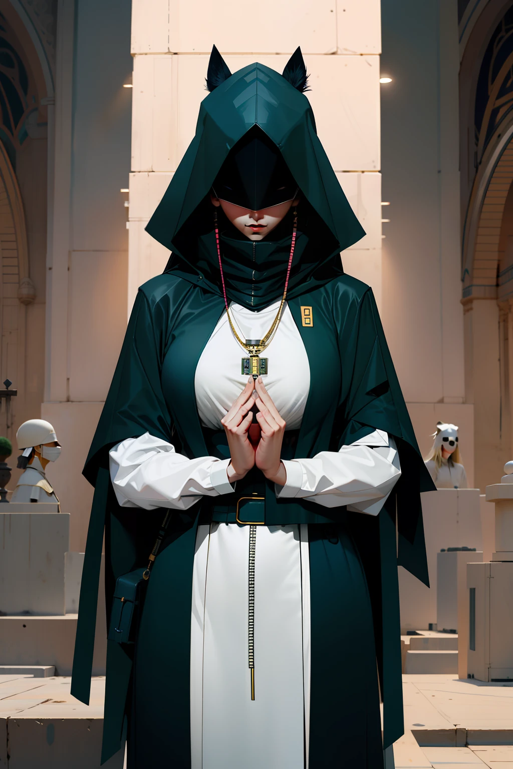 realisticlying, (hyper realisitc:1.2), big breasts beautiful, tmasterpiece, best qualityer, lighting perfect, DERPD, masks, cloaks, Faceless, 1girll, 独奏,chies, Wide buttock, jewely, Detailed hands and fingers,