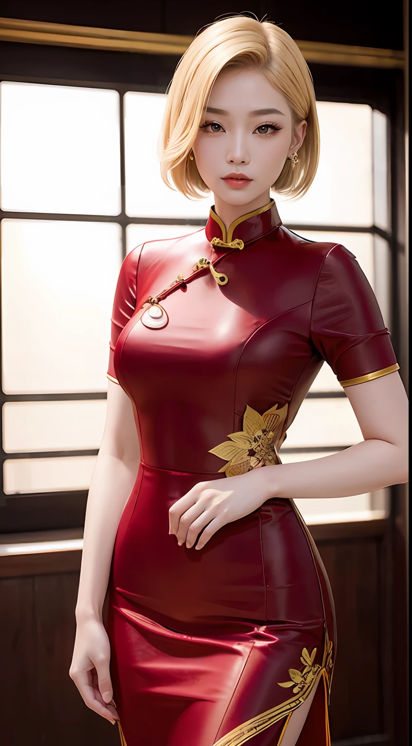 Asian woman, A fashion model, wearing cheongsam, Glamour, paparazzi taking pictures of her, Blonde hair, Brown eyes, 8K, High quality, Masterpiece, Best quality, HD, Extremely detailed, voluminetric lighting, Photorealistic