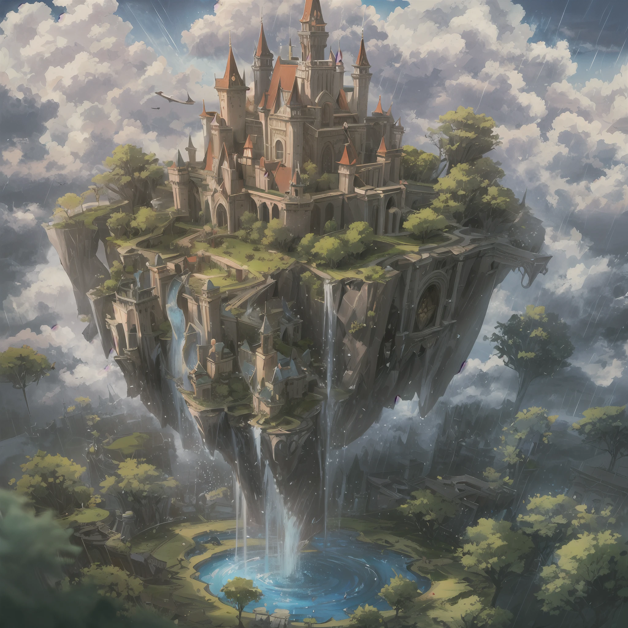 (an artist's design of a floating Castle on the floating the land and Forest and Fountain in the air, above the A few clouds and thunderstorms)1.4, bird's-eye view, scenery, no humans, a fantastic magical world,  (Best quality), (masterpiece:1.3), (photorealistic:1.36), (realistic), ultra-detailed,, detail background,