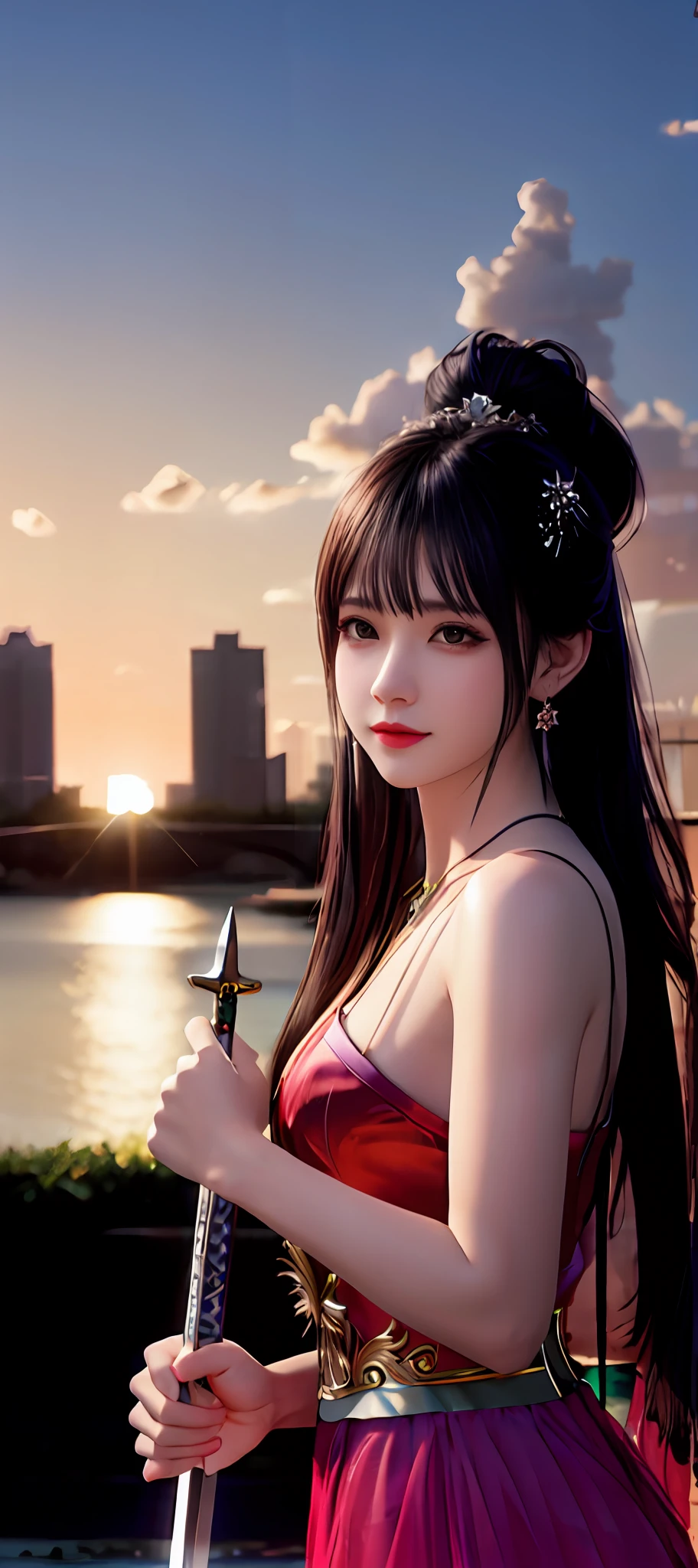 realisticity: 1.2), best quality, masterpiece, highres, super detail, ultra detail, cg, 1girl, weapon, sword, long hair, dress, water, solo, jewelry, red dress, earrings, hair ornament, splashing, upper body super realistis, hair bun, blue and pink hair, city backgraun super realistis and super detai, ultra detail, lighting,candid, Photograph, high resolution, 8k, 10k, Bokeh,