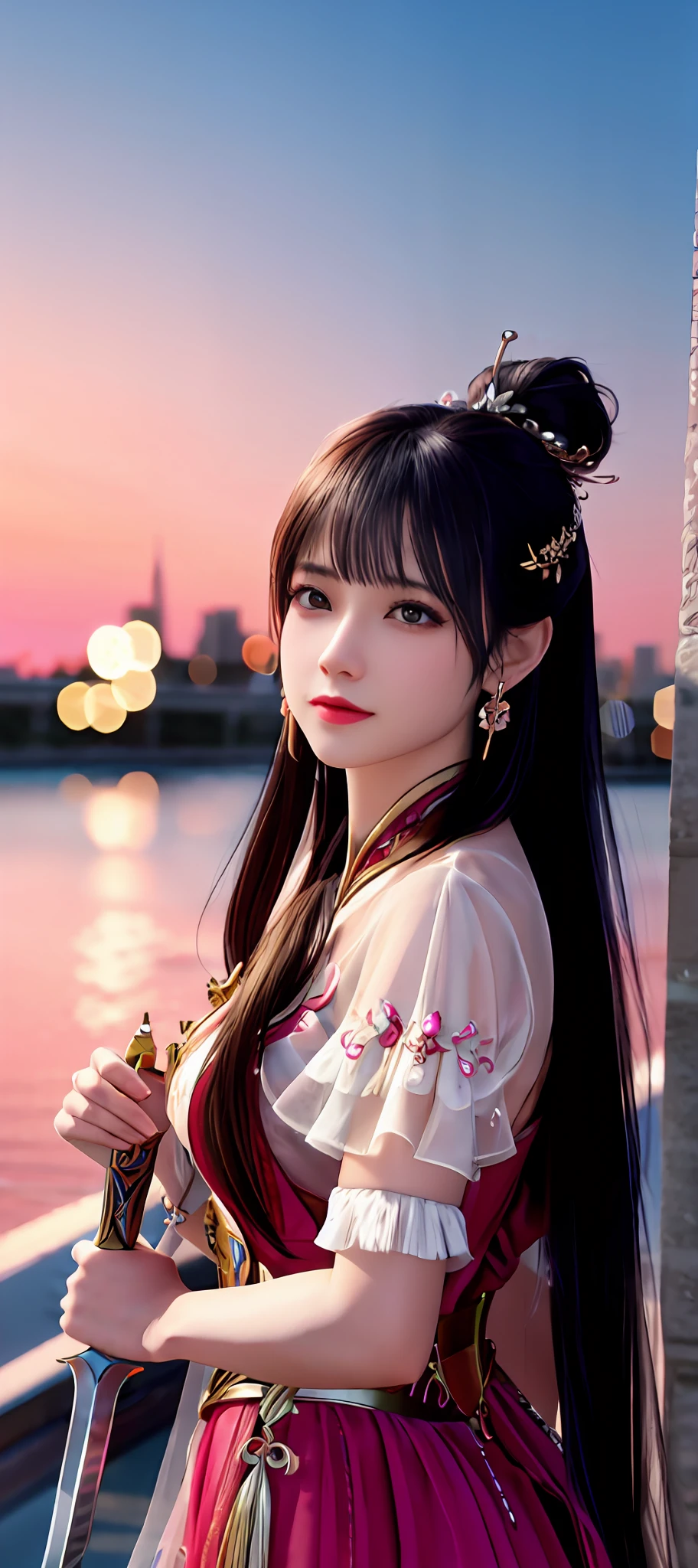 realisticity: 1.2), best quality, masterpiece, highres, super detail, ultra detail, cg, 1girl, weapon, sword, long hair, dress, water, solo, jewelry, red dress, earrings, hair ornament, splashing, upper body super realistis, hair bun, blue and pink hair, city backgraun super realistis and super detai, ultra detail, lighting,candid, Photograph, high resolution, 8k, 10k, Bokeh,
