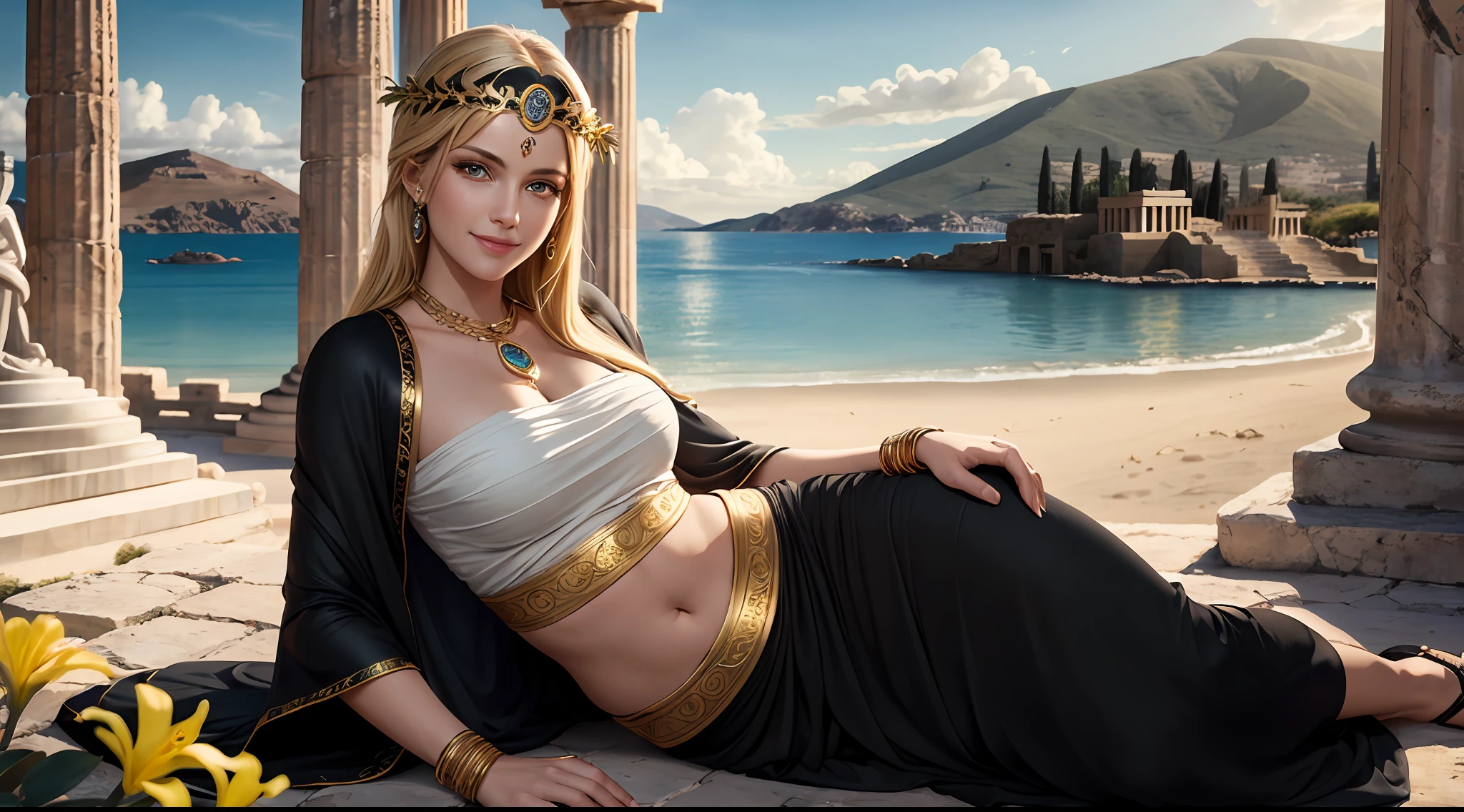 mother goddess of mercy and fertility, with blonde hair and blue eys, is fair-skinned, (looks very mild and gentle), is smiling happily, wears {(long:1.3), loose, (black:1.3), greek toga}, puts on golden circlet, ancient Delos island, palm trees, golden flowers, Greek mythology, super high quality, super hand description, HDR, photorealistic, super detail, masterpiece, 8K