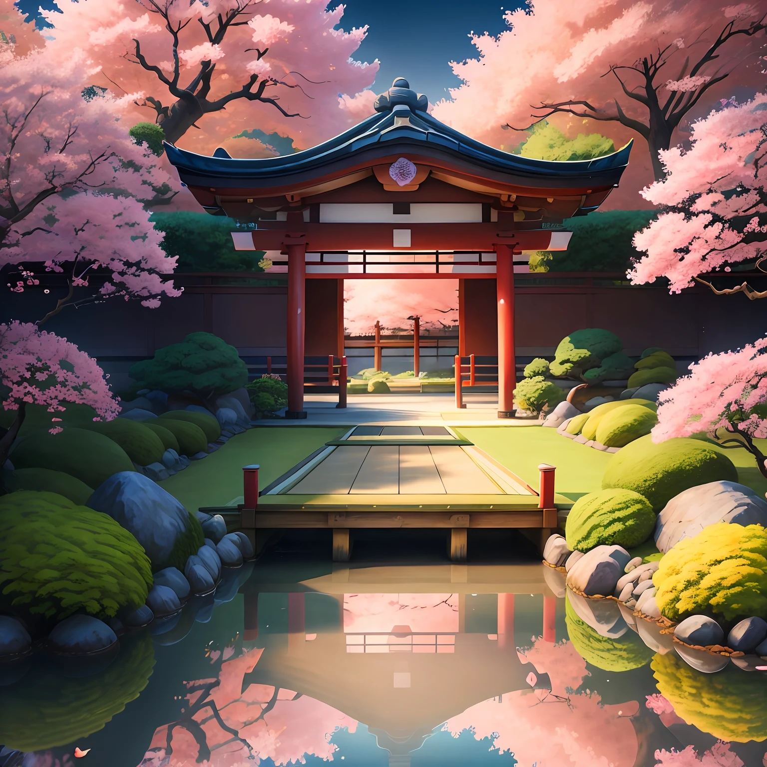 (digital painting),(best quality), serene Japanese garden, cherry blossoms in full bloom, koi pond, footbridge, pagoda, Ukiyo-e art style, Hokusai inspiration, Deviant Art popular, 8k ultra-realistic, pastel color scheme, soft lighting, golden hour, tranquil atmosphere, landscape orientation