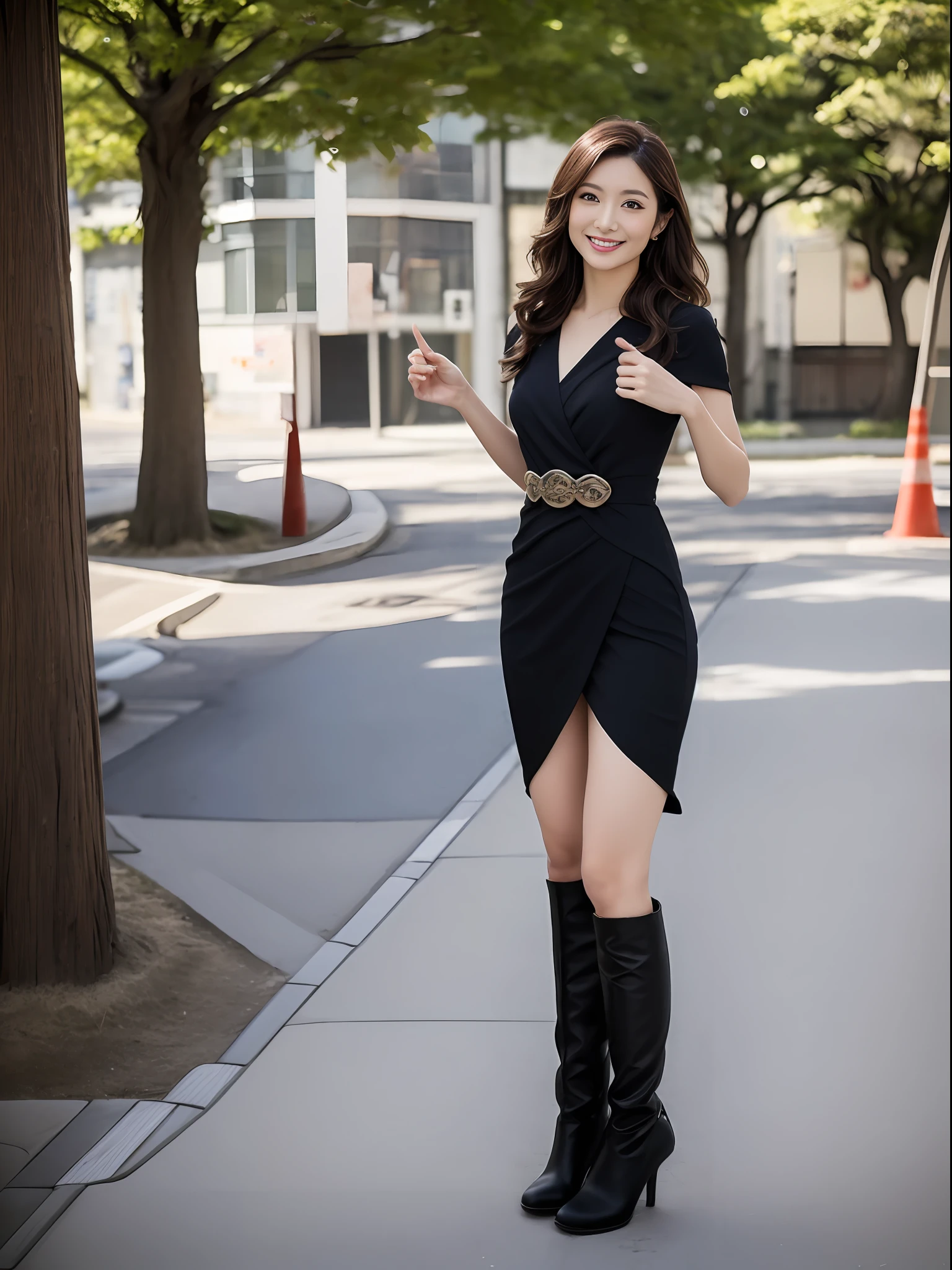 (masterpiece、top-quality)、(realisitic)、Standing Pose、(Outdoors:1.4)、hight resolution、ighly detailed、Big and perfect hands、Detailed finger、beatiful detailed eyes、(Fancy makeup:1.4、Very dark eyeshadow)、(long wavy brown hair:1.2)、Superfine Face、looking at the viewers、(Wear long stretch boots with pin heels:1.2、pin heels)、(Beautiful 35 year old Japan woman:1.5)、(Full-body photography from a distance:1.4)、(Facing this way:1.0)、(North Leigh Bratex Dress:1.6)、Cool smile、