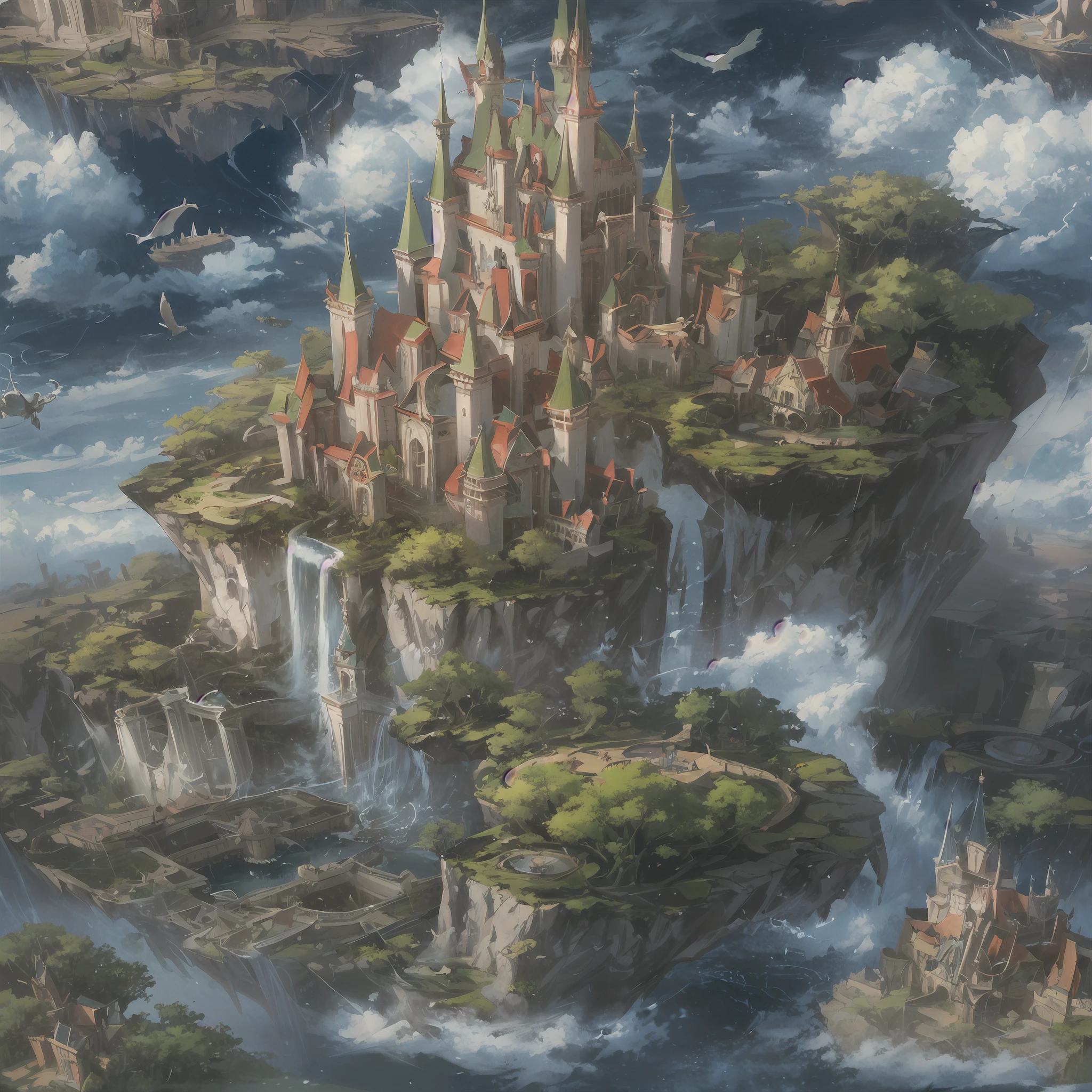 (an artist's design of a floating Castle on the floating the land and Forest and Fountain in the air, above the A few clouds and thunderstorms)1.4, bird's-eye view, scenery, no humans, a fantastic magical world,  (Best quality), (masterpiece:1.3), (photorealistic:1.36), (realistic), ultra-detailed,, detail background,