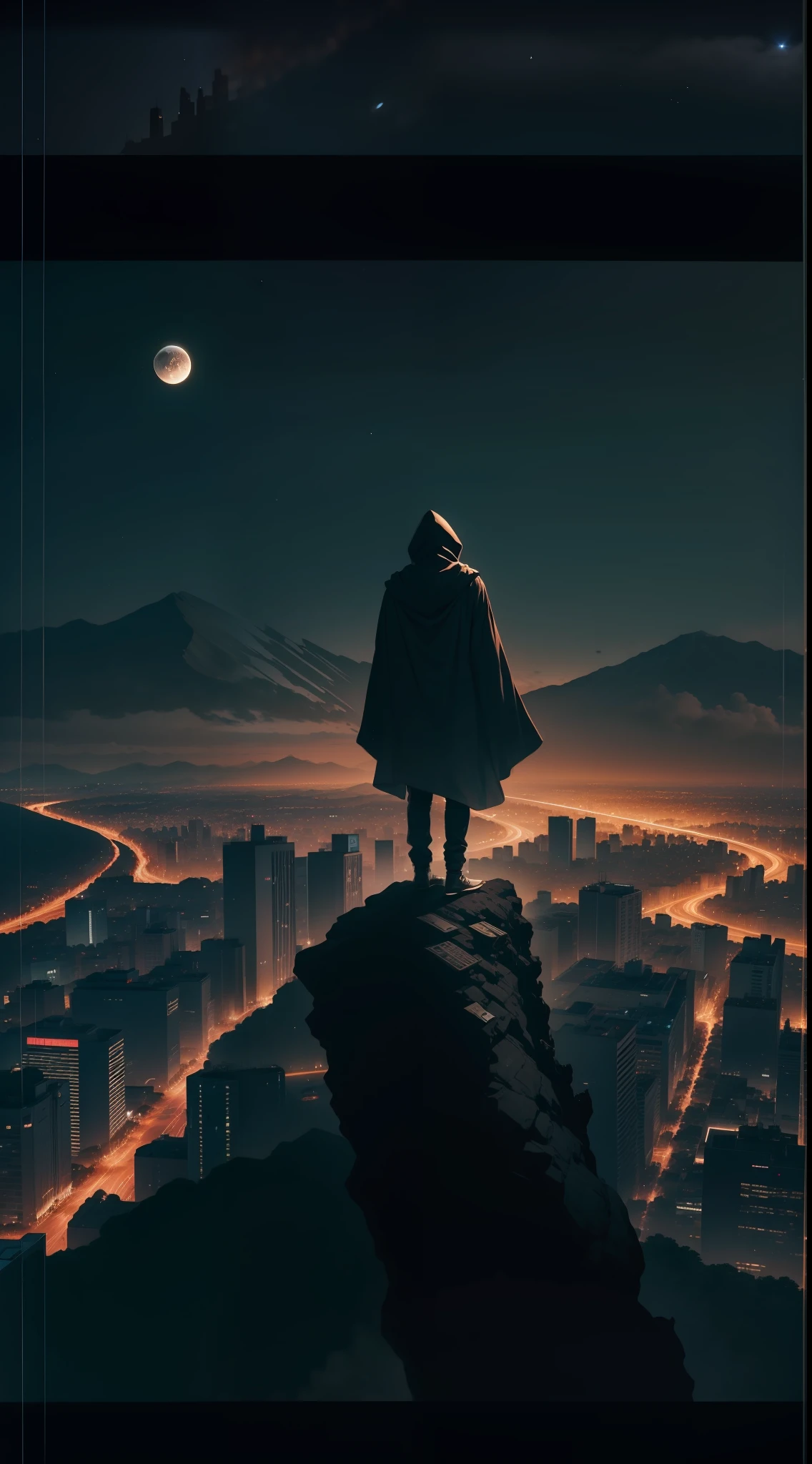 silhueta preto, a man on his back in a hooded robe flying over the city at night, noite