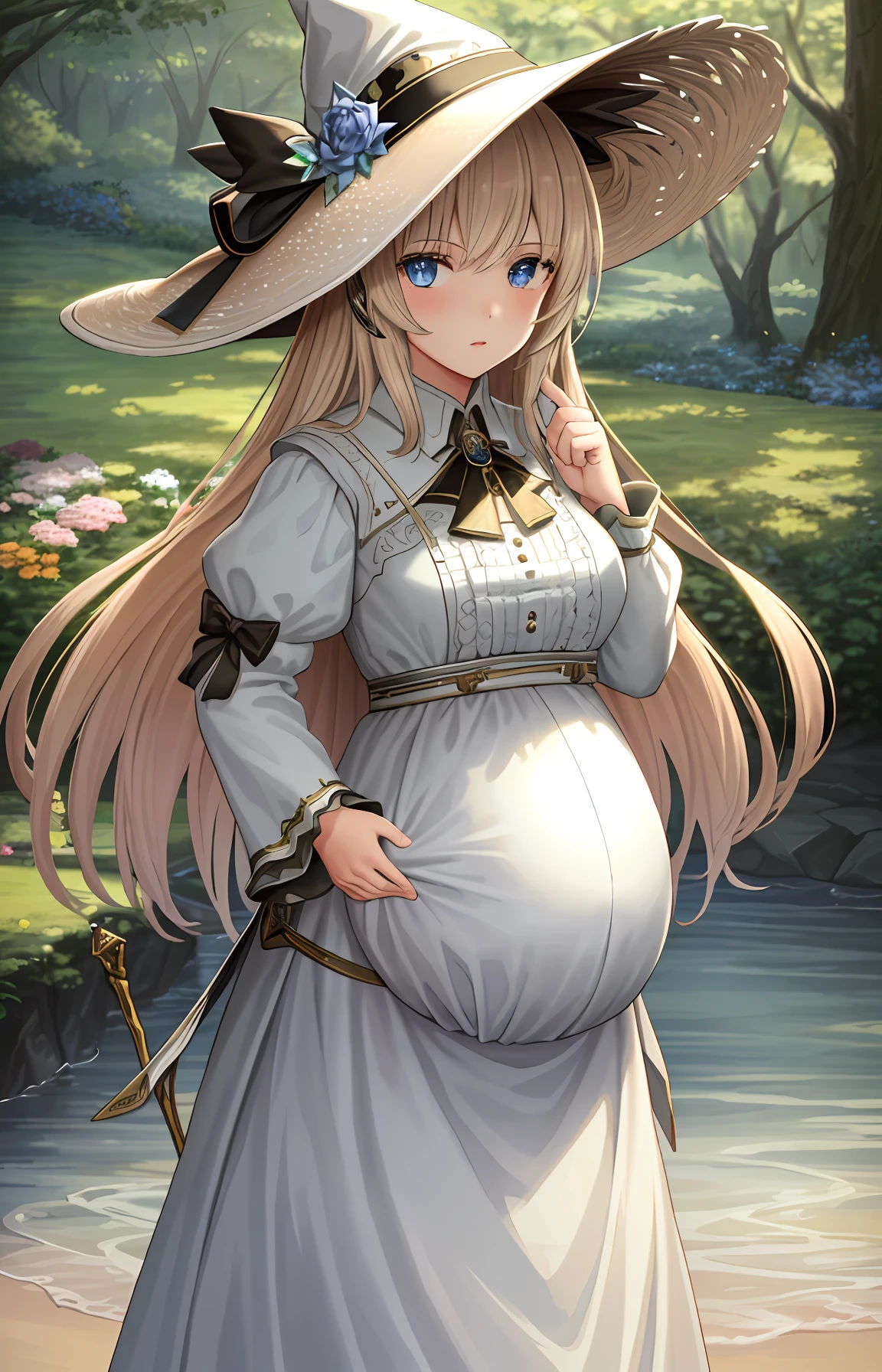 ((best quality)), ((highly detailed)), tmasterpiece, ((official art)), extremelydetailedface, beauitful face, (detailed eyes, deep eyes), (1girl:1.33, solo), whm_glam, wearing whm_glam ， （A hat），pregnant belly，Pregnant belly