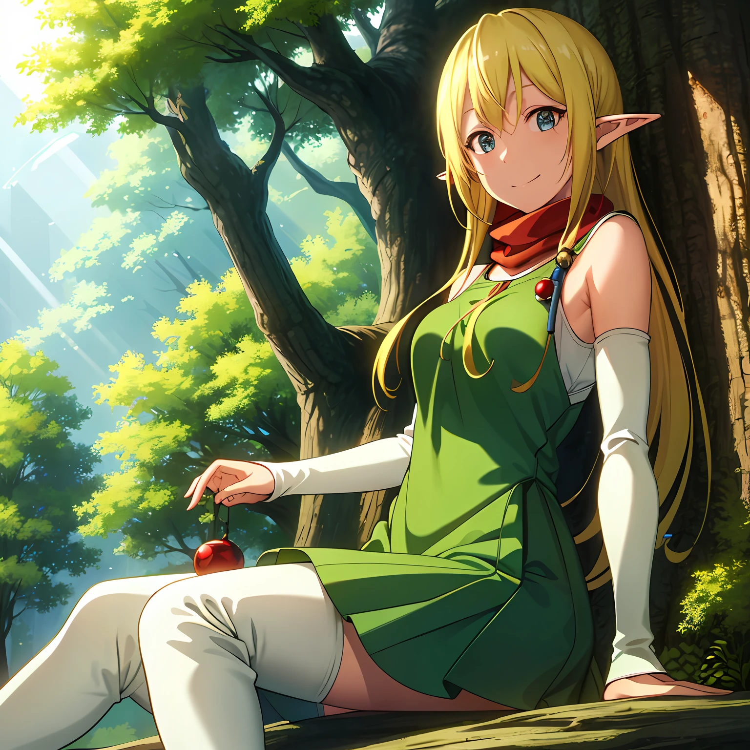 Best quality, (Masterpiece:1.2), Highly detailed, Nature, forest, tree, Sunlight, 
1girll, Solo, Tuka Luna Marceau,
view the viewer, Smile, Closed mouth, from angle, Sitting,
Blue eyes, Blonde hair, Long hair, Floating hair, Pointy ears, thigh boots, Detached sleeves, Green dress, Red scarf, green boots