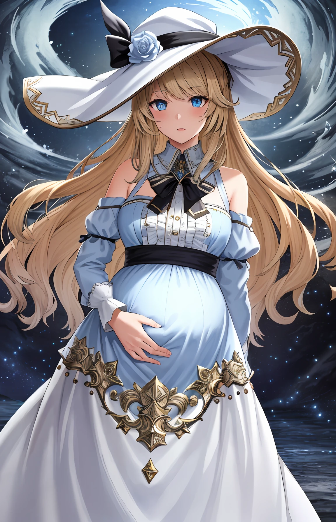 ((best quality)), ((highly detailed)), tmasterpiece, ((official art)), extremelydetailedface, beauitful face, (detailed eyes, deep eyes), (1girl:1.33, solo), whm_glam, wearing whm_glam ， （A hat），pregnant belly，Pregnant belly