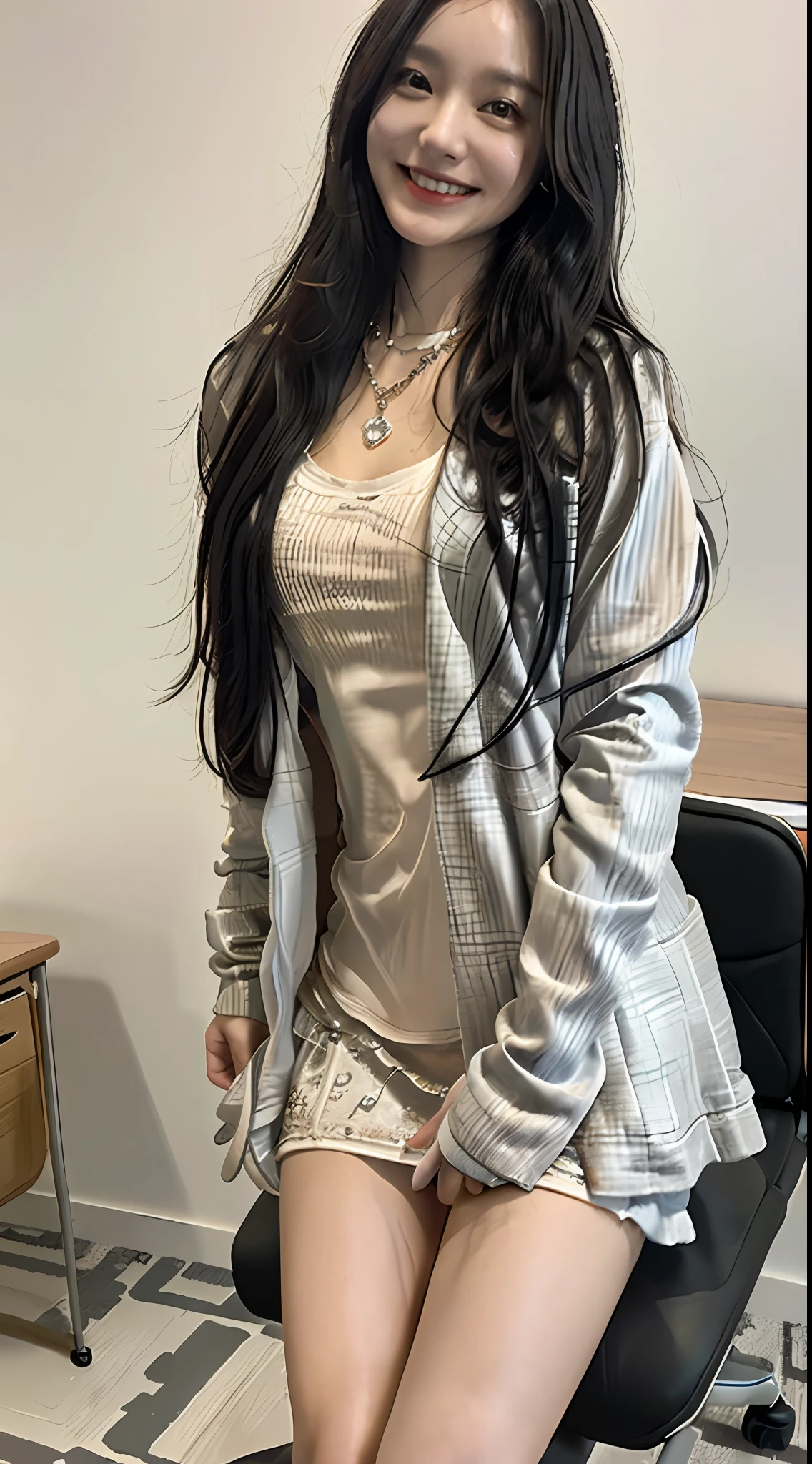 ((top-quality、8K、masterpiece:1.3))、((1womanl))、((A Japanese Lady))、((A MILF))、((45 yers old))、((slim figure))、((Female Ophthalmologist))、((Detailed eye examination room))、((Office Desk))、((Detailed office chair))、((Sitting on an office chair))、((beautifully detailed hair))、((Float NovaFrogStyle))、((Black hair Long hair))、((Extraordinary beauty))、((Beautiful and ultra-detailed face))、((Smiling kindly))、((Detailed lab coat))、((Beautiful and detailed scruff))、((Detailed necklace))、((Beautiful and detailed hands))、((Detailed long skirt))、(( Pulling up a skirt))、((Beautiful and detailed thighs))、((Luxurious and detailed white panties))、((Detailed beautiful legs))、