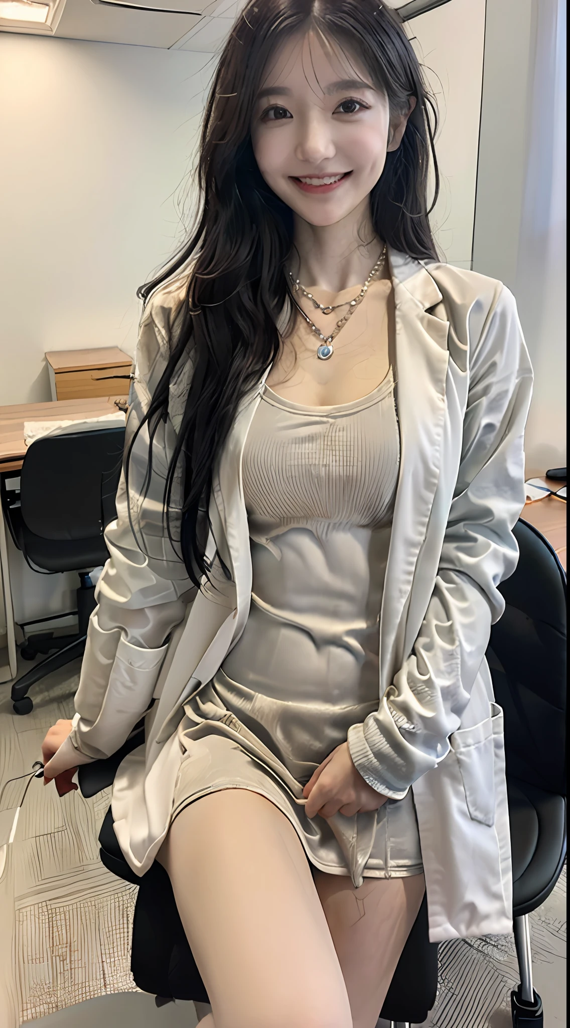 ((top-quality、8K、masterpiece:1.3))、((1womanl))、((A Japanese Lady))、((A MILF))、((45 yers old))、((slim figure))、((Female Ophthalmologist))、((Detailed eye examination room))、((Office Desk))、((Detailed office chair))、((Sitting on an office chair))、((beautifully detailed hair))、((Float NovaFrogStyle))、((Black hair Long hair))、((Extraordinary beauty))、((Beautiful and ultra-detailed face))、((Smiling kindly))、((Detailed lab coat))、((Beautiful and detailed scruff))、((Detailed necklace))、((Beautiful and detailed hands))、((Detailed long skirt))、(( Pulling up a skirt))、((Beautiful and detailed thighs))、((Luxurious and detailed white panties))、((Detailed beautiful legs))、
