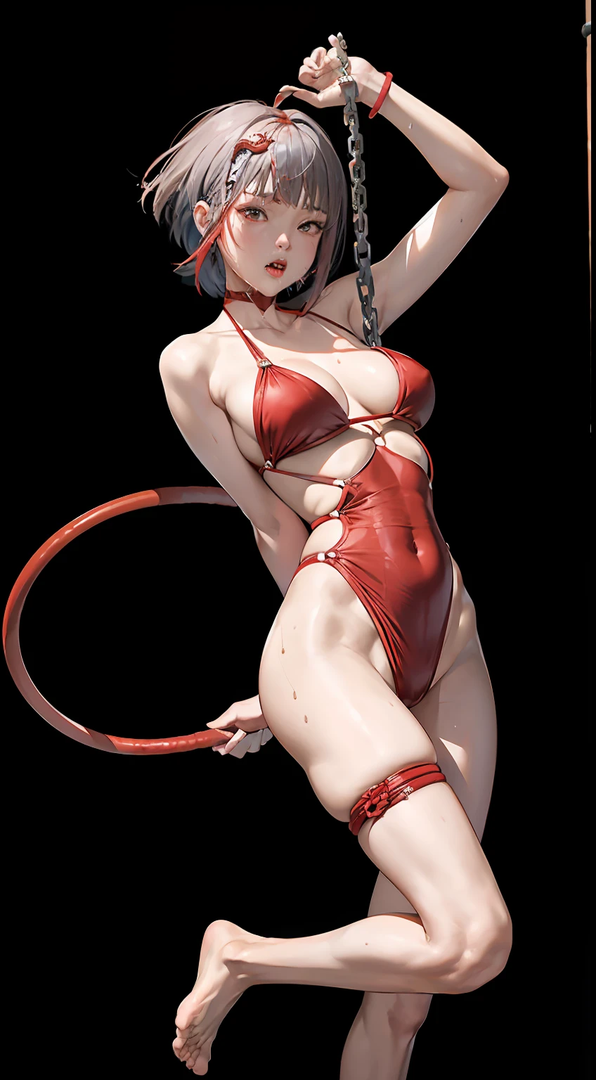 All-red-skinned oriental girl，Thin-line swimwear，Silver short bob hair，High winds blowing，Surrounded by the tentacles of the red giant octopus，Tongue spit out，mouth drool。Hands and feet are tied，Acrobatic difficulty pose，Tighten the rope，Rough whip，Thick chains are tightly wrapped around the body，Super realistic details