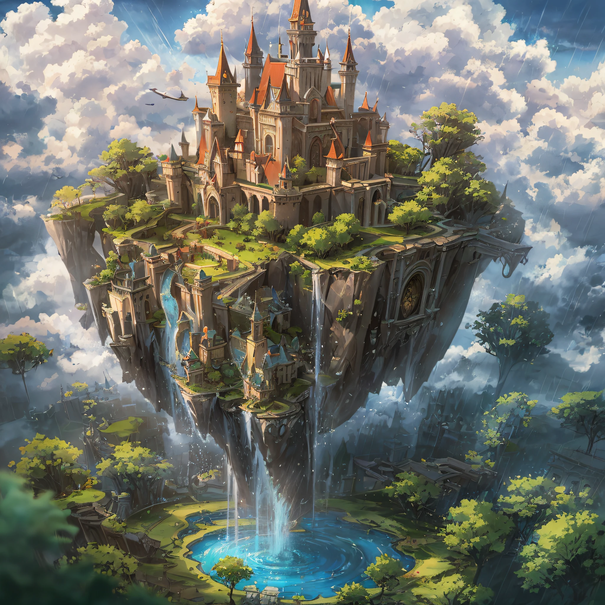 (an artist's design of a floating Castle on the floating the land and Forest and Fountain in the air, above the A few clouds and thunderstorms)1.4, bird's-eye view, scenery, no humans, a fantastic magical world, (Best quality), (masterpiece:1.3), (photorealistic:1.36), (realistic), ultra-detailed,, detail background,