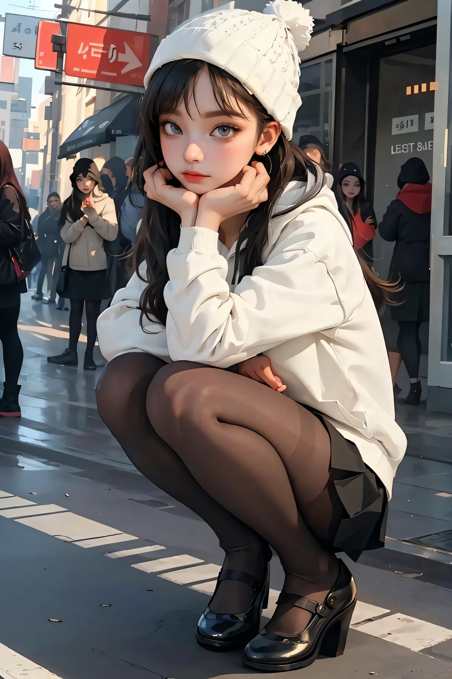 (best quality, masterpiece), 1girl, hoodie, long hair, street, crouching, looking at viewer, beanie, skirt, makeup, piercing, pantyhose,