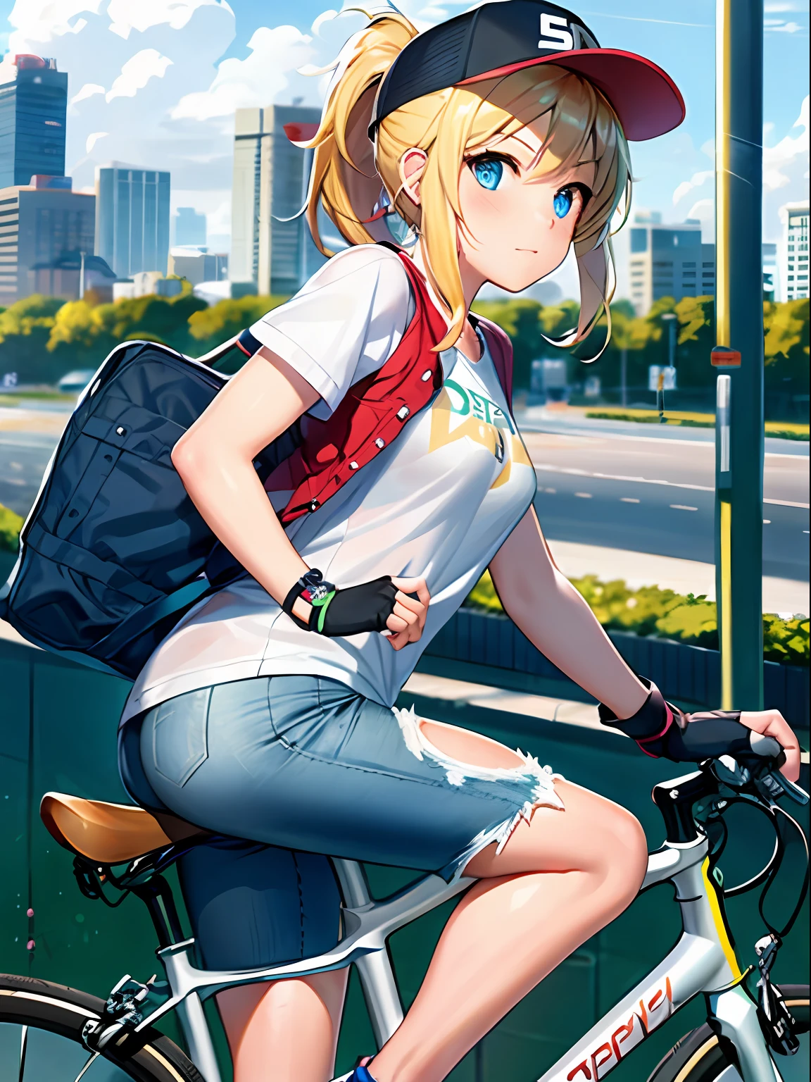 1girl, bike messenger, miami city backdrop, blonde hair, ponytail, blue eyes, jeans, athletic sneakers, backwards cap, fingerless gloves, varsity jacket, sleeves rolled up, t-shirt, bicycle, holding water bottle, day, traffic