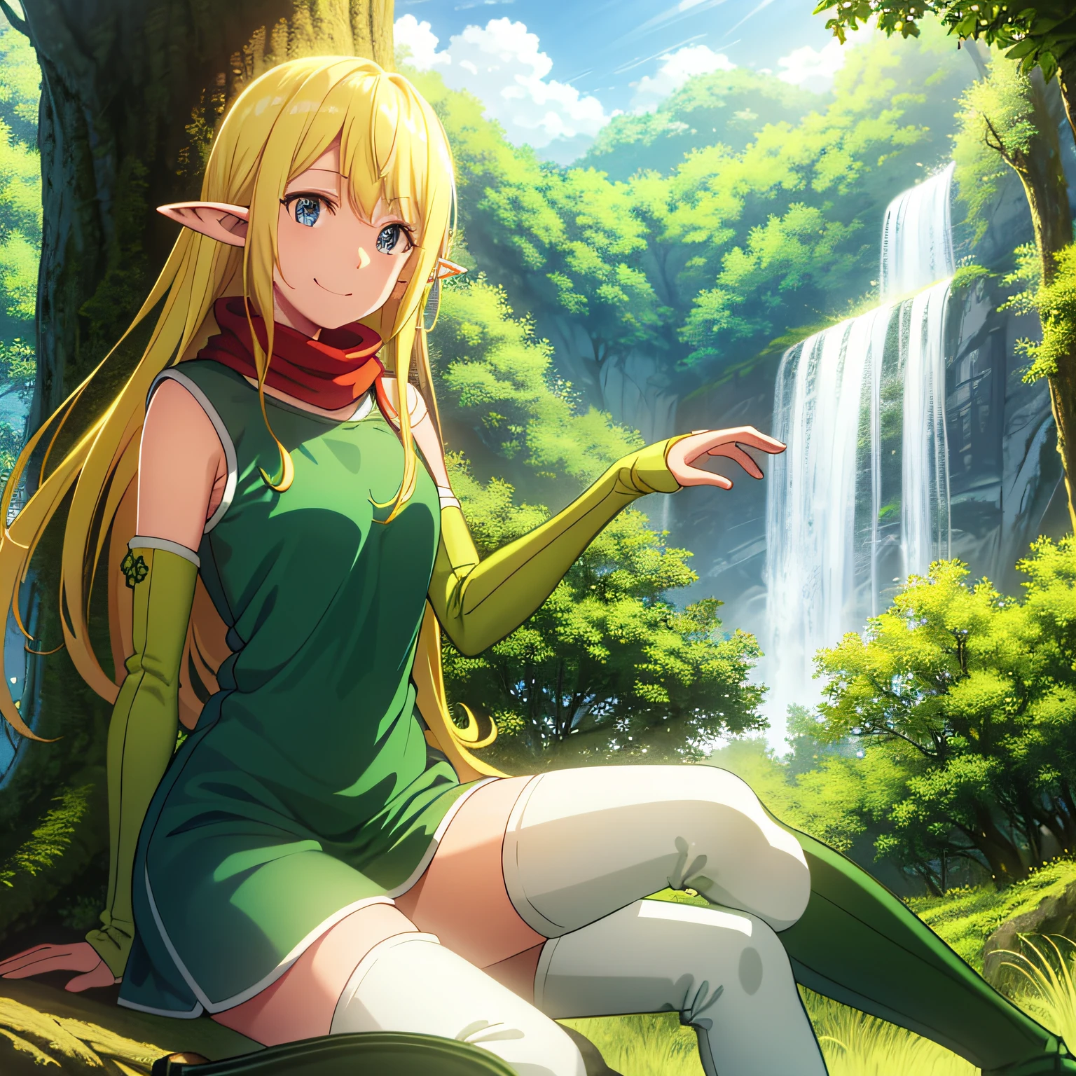 Best quality, (Masterpiece:1.2), Highly detailed, Nature, forest, tree, Sunlight, 
1girll, Solo, Tuka Luna Marceau,
view the viewer, Smile, Closed mouth, from angle, Sitting,
Blue eyes, Blonde hair, Long hair, Floating hair, Pointy ears, thigh boots, Detached sleeves, Green dress, Red scarf, green boots