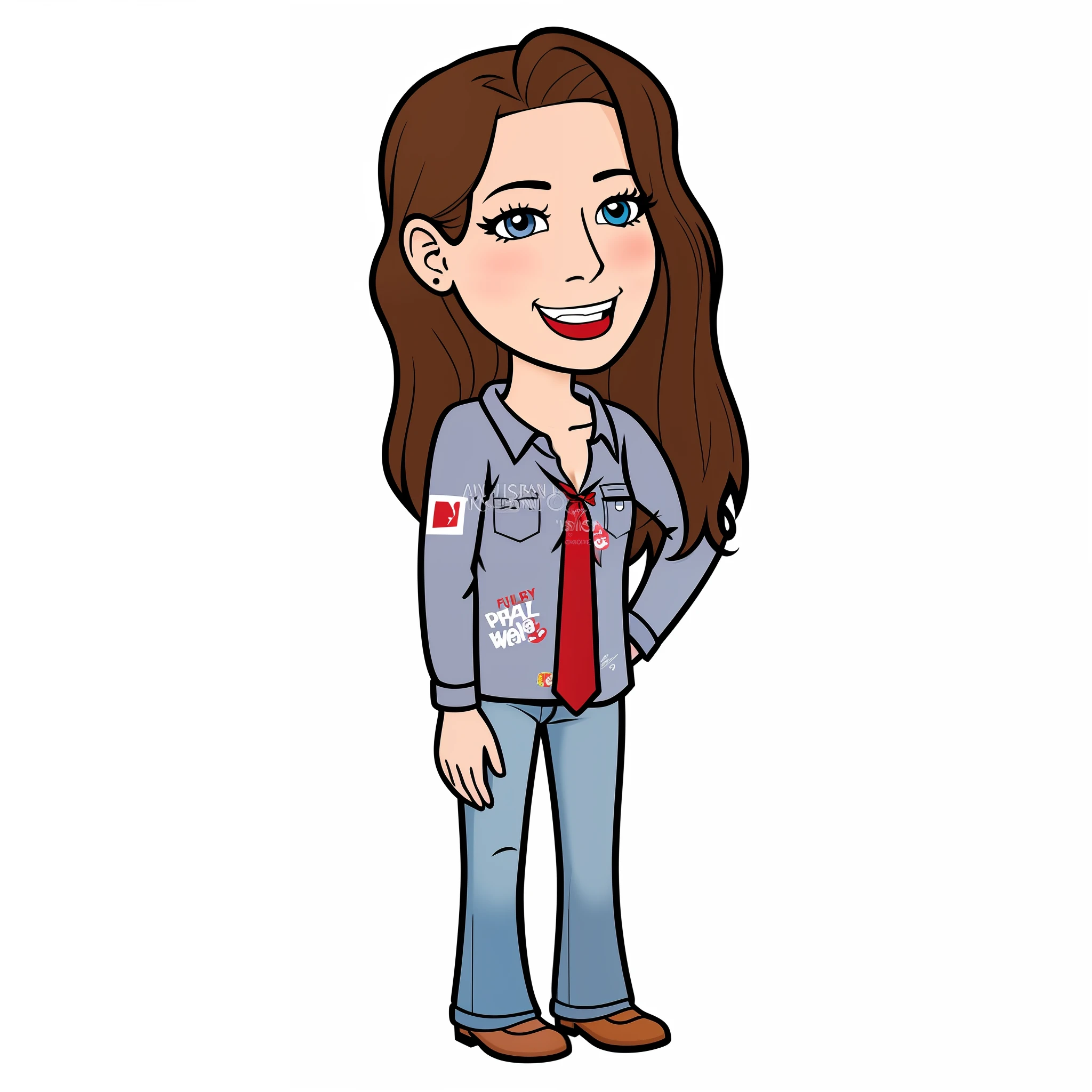 cartoon woman in jeans and a shirt with a red tie, in cartoon style, full body portrait, charicature, fullbody or portrait, portrait full body, fullbody portrait, full - body portrait, full-body portrait, full body character portrait, character full body portrait, upper body avatar, inspired by Melissa Benson, !!full body portrait!!