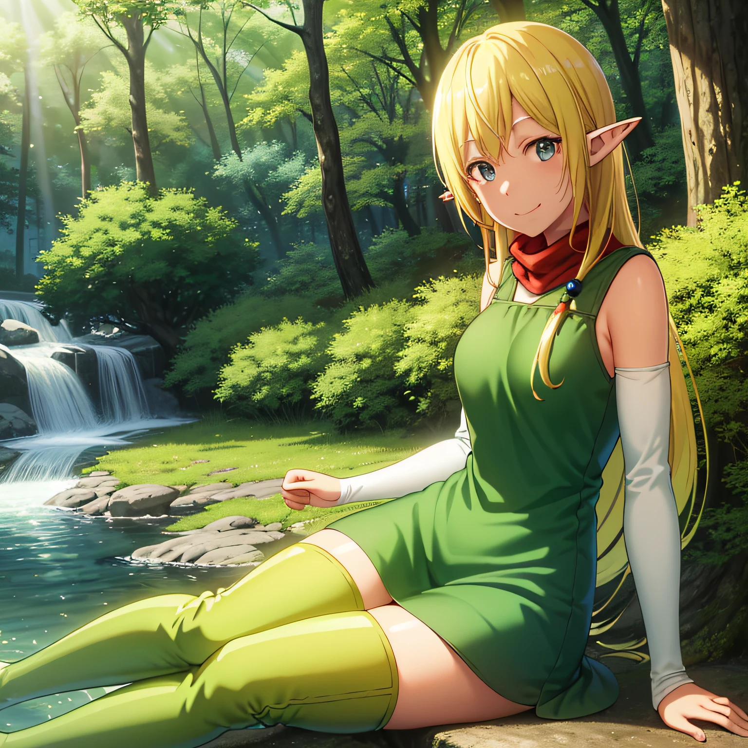 Best quality, (Masterpiece:1.2), Highly detailed, Nature, forest, tree, Sunlight, 
1girll, Solo, Tuka Luna Marceau,
view the viewer, Smile, Closed mouth, from angle, Sitting,
Blue eyes, Blonde hair, Long hair, Floating hair, Pointy ears, thigh boots, Detached sleeves, Green dress, Red scarf, green boots