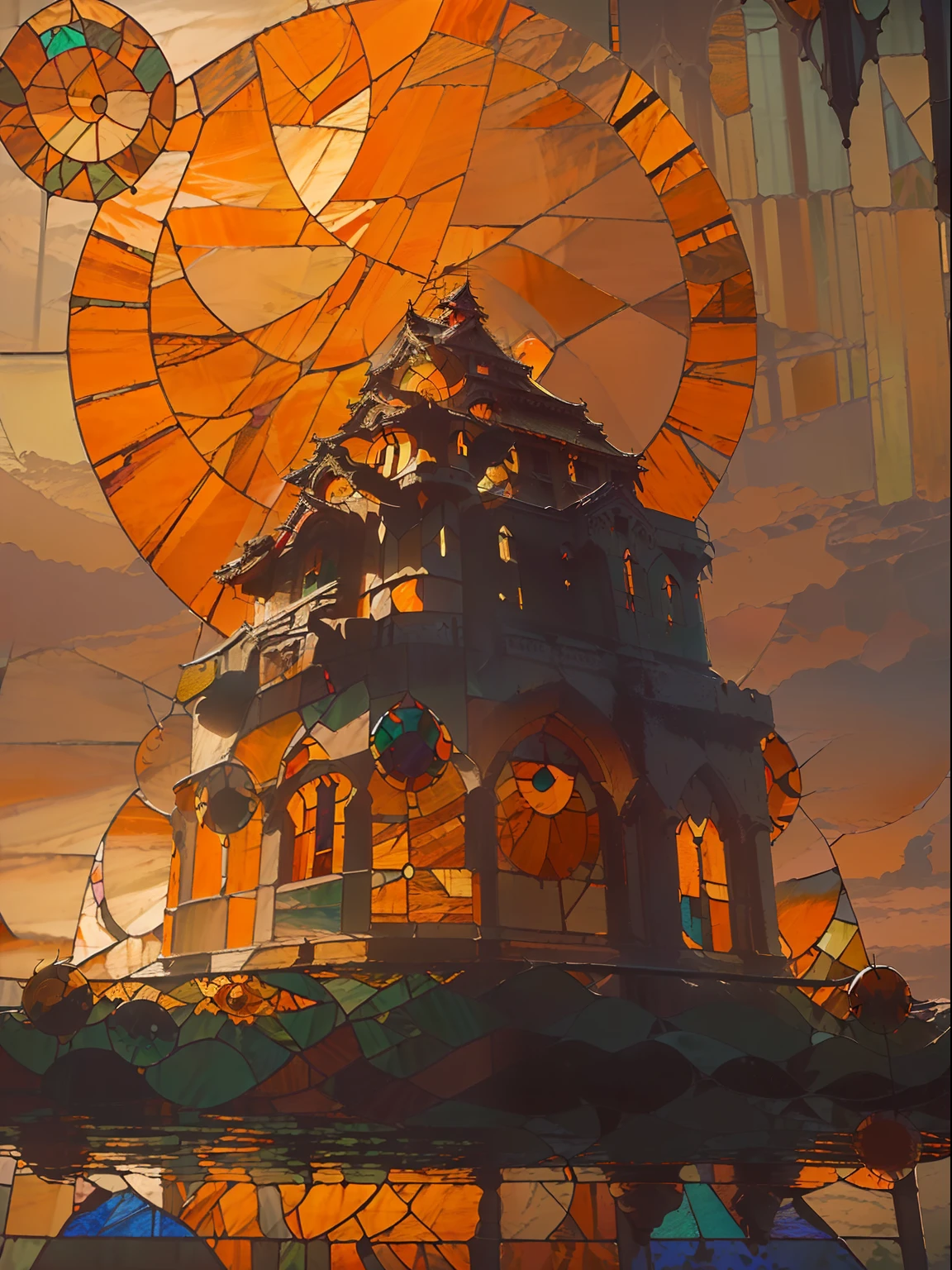 (round sun:2), Big Cloud under castle, (Japanese castle:2), green grass, (castle floating in the air:2), (in the air:2), (Stained glass style:2), rough, red color glass, (orange color glass:2)