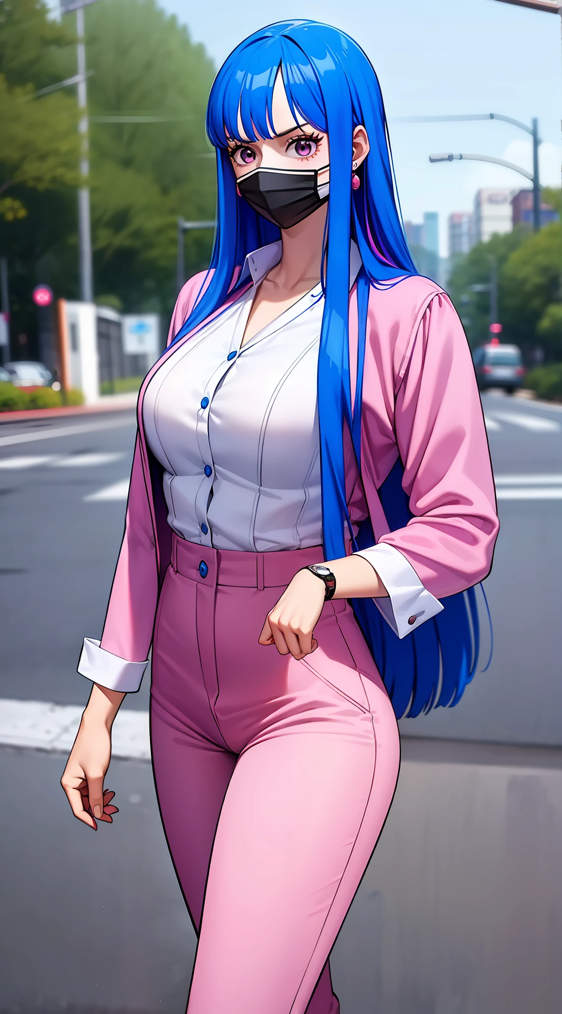 ulti from anime one piece, long hair, bangs, blue hair, pink hair strands, beautiful, beautiful woman, wears earrings, wears a watch on her left hand, perfect body, stands, wears a light blue formal shirt, wears a pink suit , pink pants, wearing formal clothes, looking at the audience, smiling, in the city of Tokyo, being on the side of the road, in a public place, wearing a mask