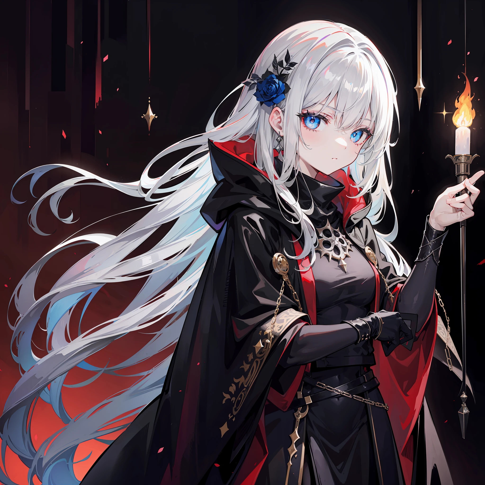 （extremelydetailed8Kwallpaper），tmasterpiece，A female necromancer wrapped in a black velvet cloak，In a dark abandoned dungeon，Illuminated by torches。Her slender body is decorated with ominous details：A turtleneck cloak，pale white face，It is decorated with runic inscriptions。Her black robe was covered with dried blood，iintricate，high detal，darkly，dark fantacy，（loli），(beautidful eyes)