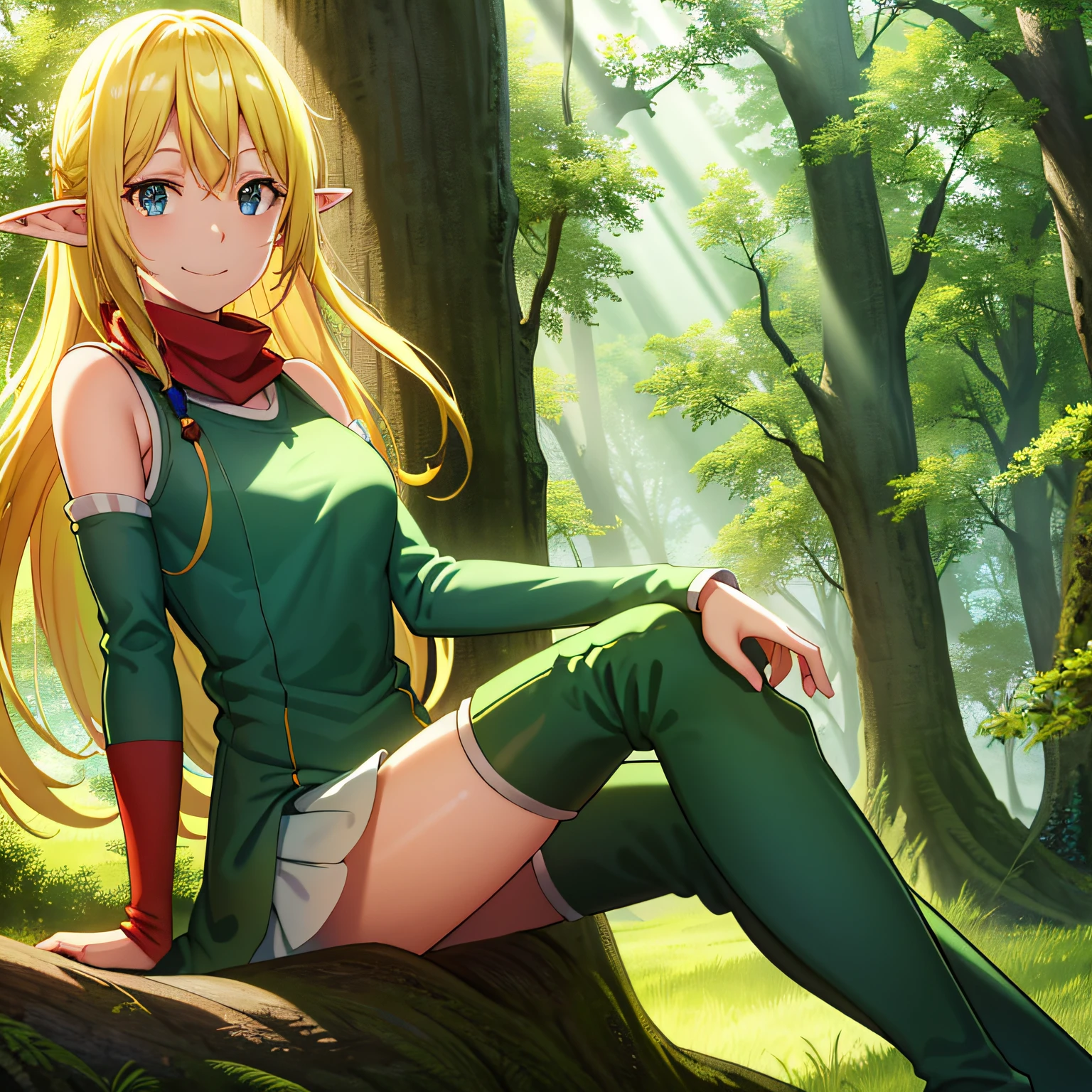 Best quality, (Masterpiece:1.2), Highly detailed, Nature, forest, tree, Sunlight, 
1girll, Solo, Tuka Luna Marceau,
view the viewer, Smile, Closed mouth, from angle, Sitting,
Blue eyes, Blonde hair, Long hair, Floating hair, Pointy ears, thigh boots, Detached sleeves, Green dress, Red scarf, green boots