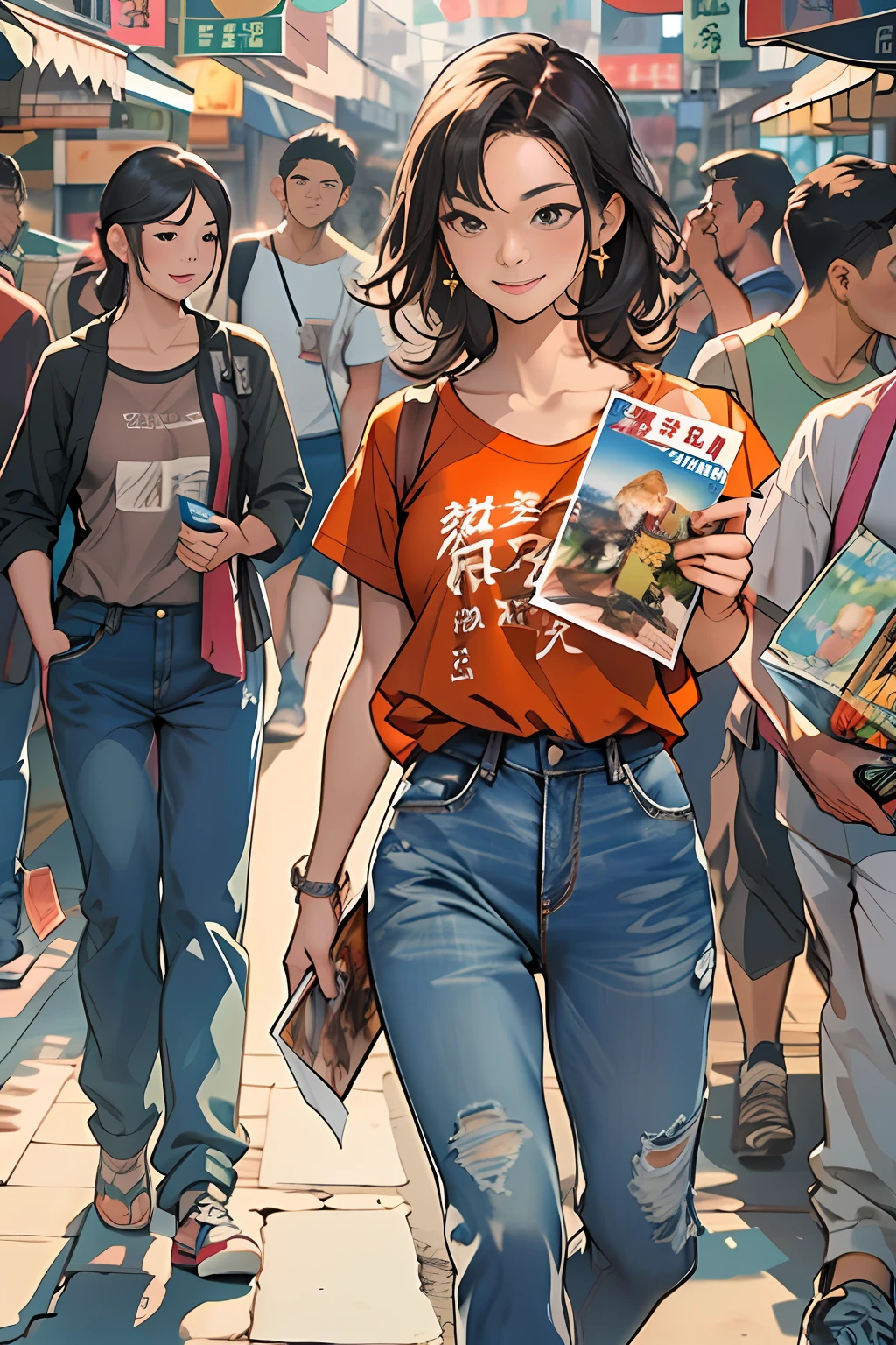 A young woman named Yang Feiyue standing on a busy street, Contemporary Rough T-Shirt and Jeans、Holding a movie flyer in your hand, Surrounded by stalls, There was anticipation and a slight smile on her face.,  ,In the style of the star art group Xing, 32K, Best Quality, masutepiece, Super Detail, high details