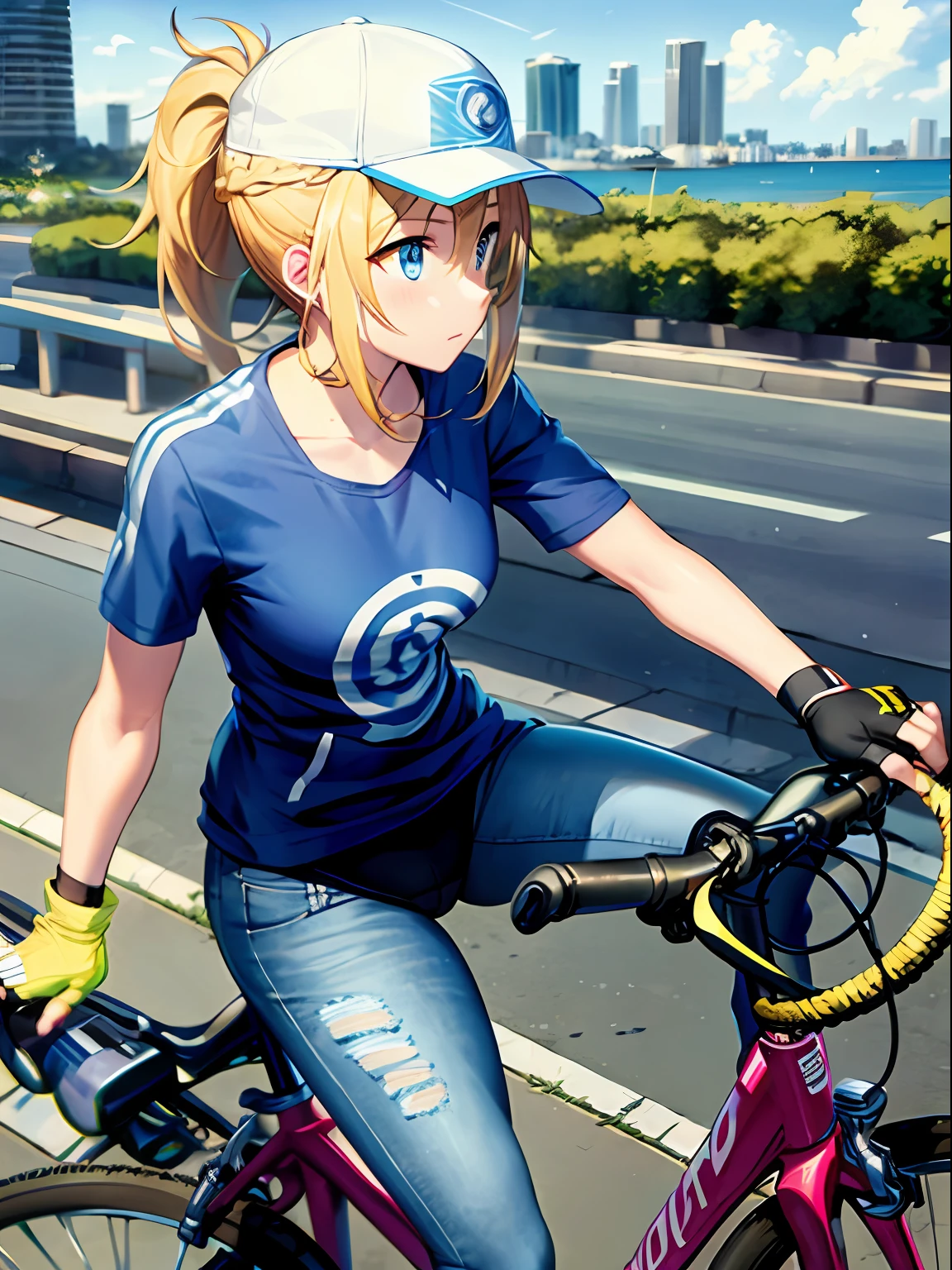 1girl, bike messenger, miami city backdrop, blonde hair, ponytail, blue eyes, jeans, athletic sneakers, backwards cap, fingerless gloves, varsity jacket, sleeves rolled up, t-shirt, bicycle, holding water bottle, day, traffic