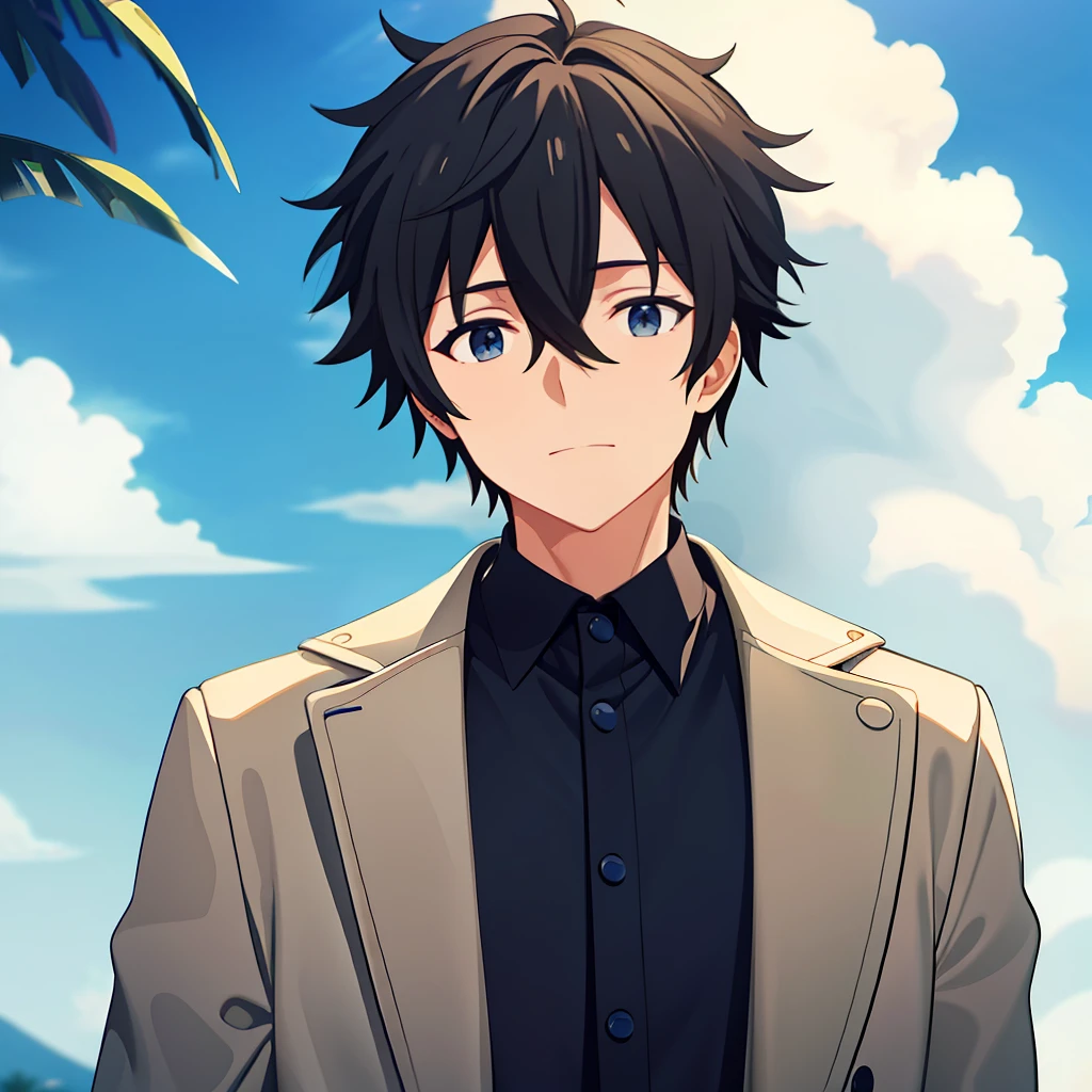 tmasterpiece, Best quality at best, high high quality, 1boy , 独奏, malefocus, looking at viewert, The upper part of the body, with blue sky and white clouds