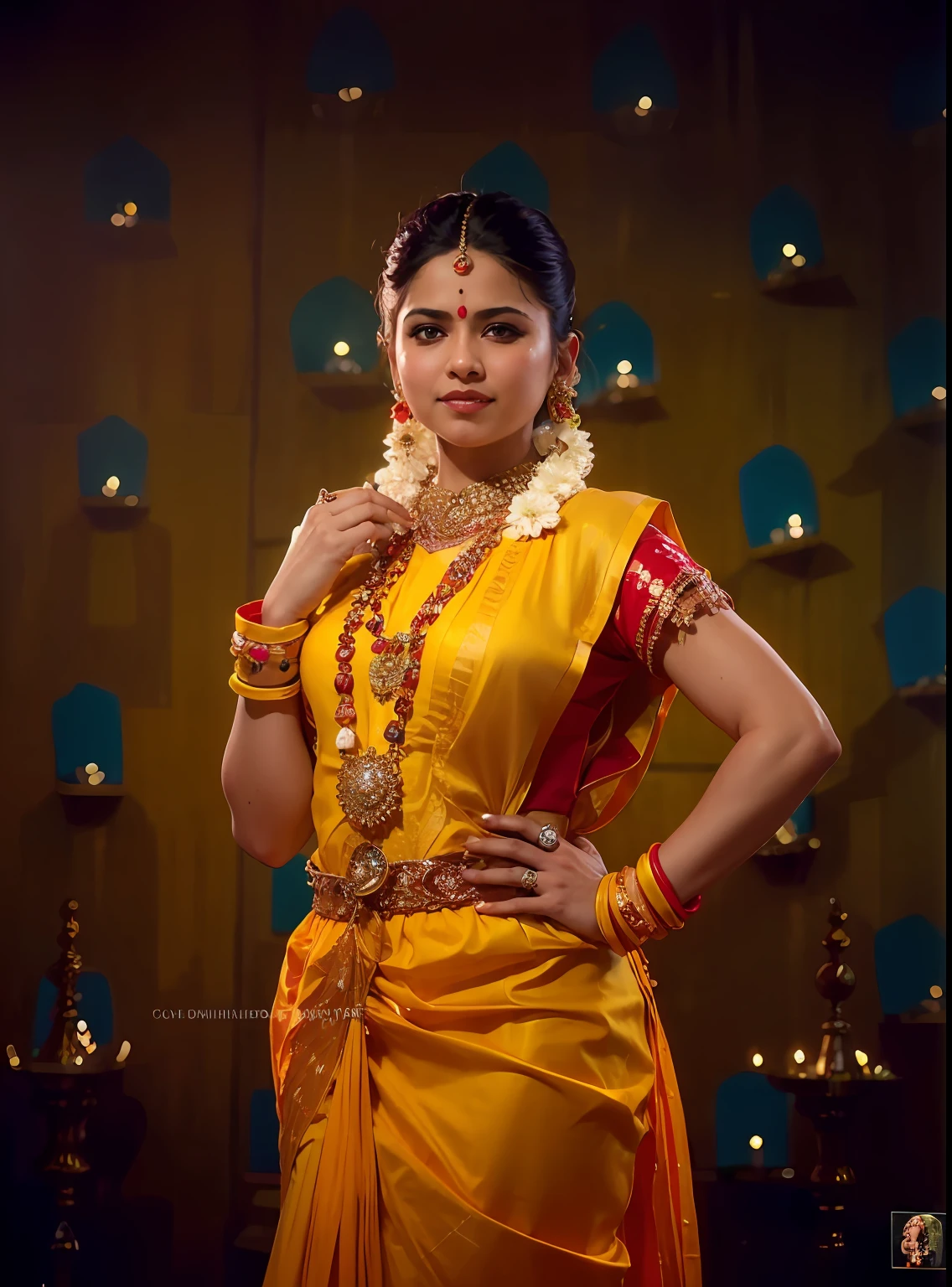 a woman is posing for a photo,(wearing indian_dance_dress:1.3), red dress, 
good hand,4k, high-res, masterpiece, best quality, head:1.3,((Hasselblad photography)), finely detailed skin, sharp focus, (cinematic lighting), collarbone, night, soft lighting, dynamic angle, [:(detailed face:1.2):0.2],(((exhibition inside theater))),