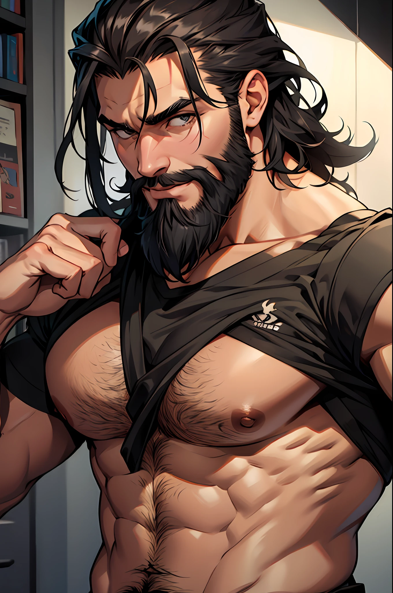 Masculino, masculino, hirsute, suado, cabelo preto