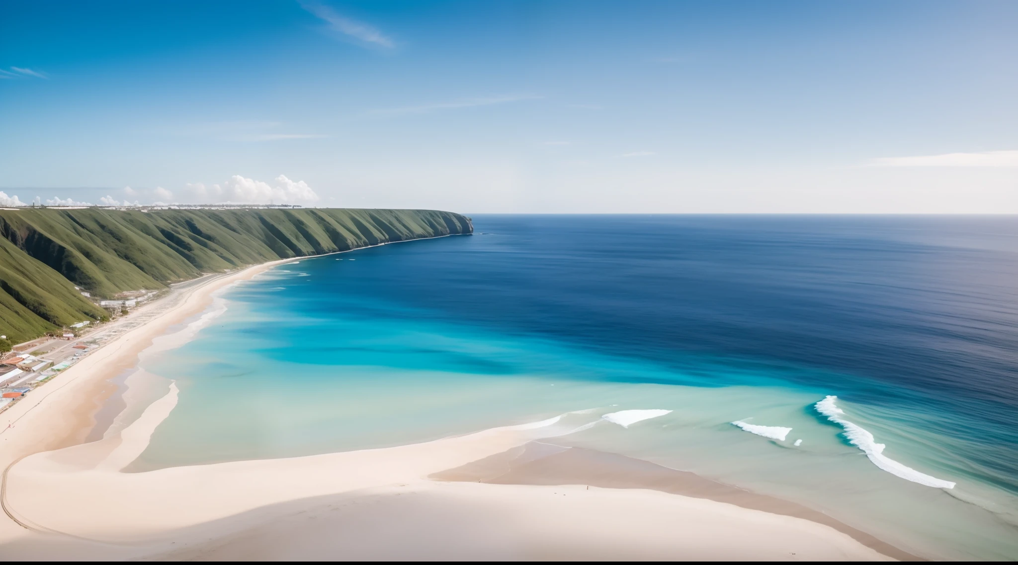 A view of standing on the beach's edge and staring at the horizon, Looking down from an altitude of 100m, cloudless blue sky, Bali, clear sea water, white sand beach, detail, realistic, ultra realistic, 8k uhd, DSLR, soft lighting, high quality, film grain, Fujifilm XT3, (Masterpiece) <la:add_detail:1