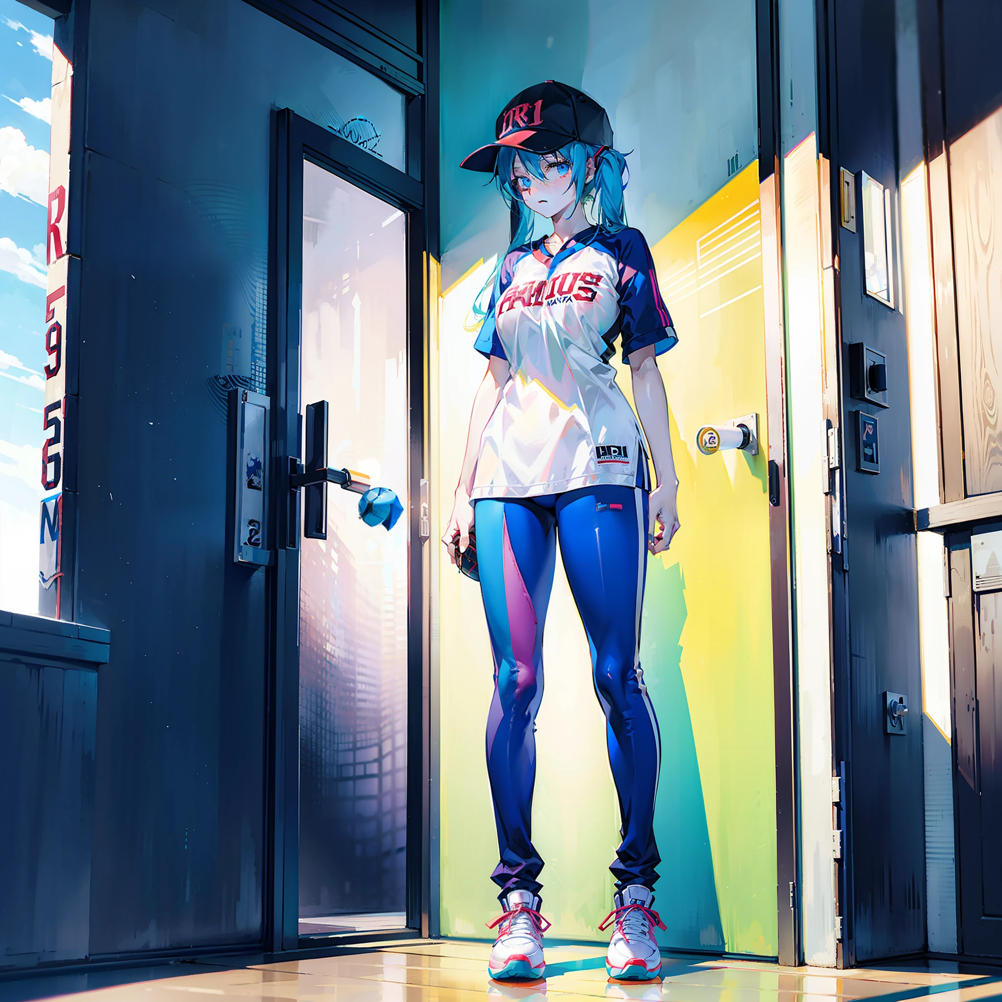 full bodyesbian,Big breasts Hatsune Miku,standing on your feet,The shirt,baseball cap, basketball ball, staredown,athletic sneakers,Tall,Higher than the door,two guys,Short men and tall women