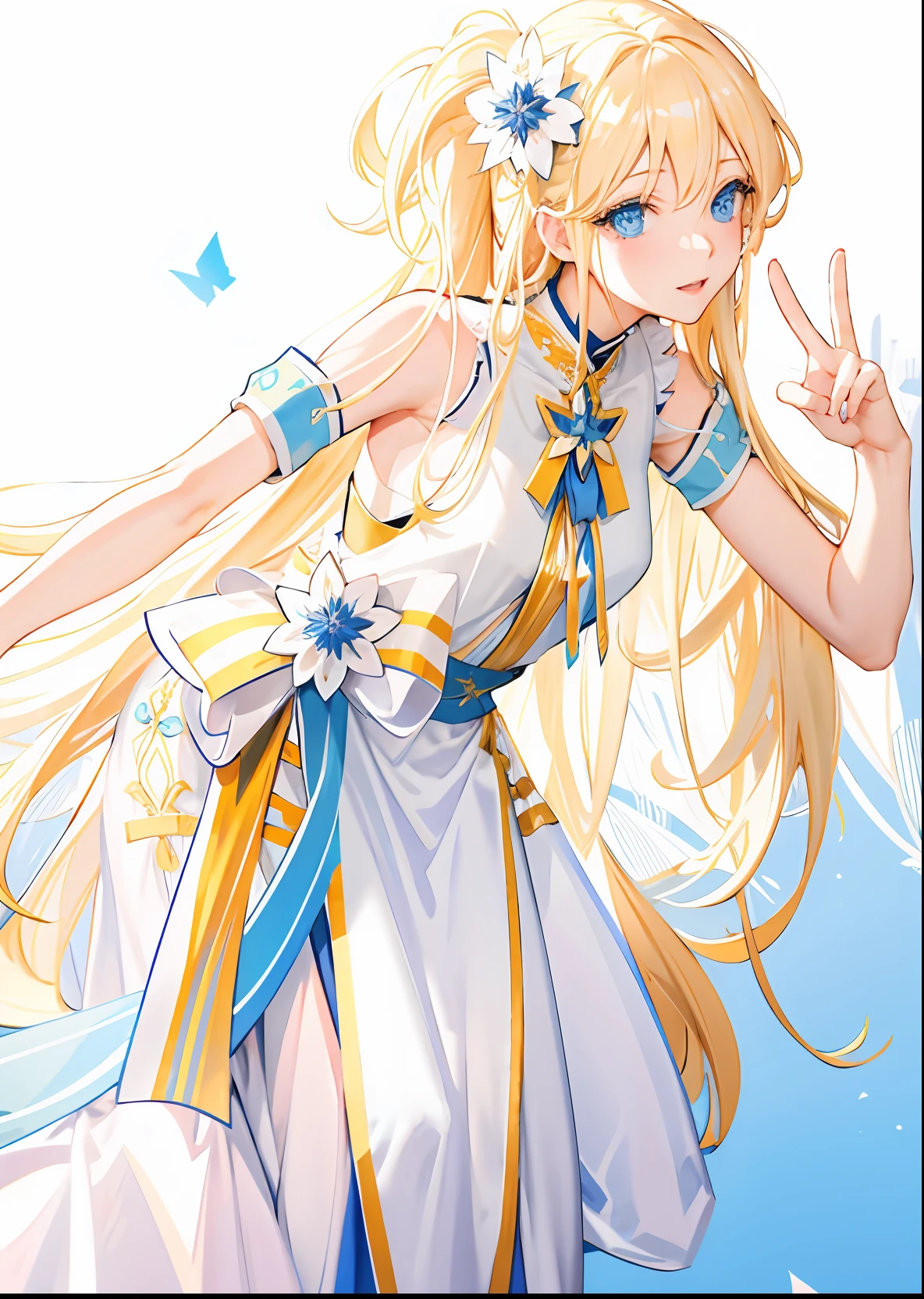 masuter piece、a blond、Longhaire、Detailed description、beautidful eyes、Beautiful eyes、Feminine attire in white and blue、Bright coloring、Detailed hand depiction、Peace Sign Hand
