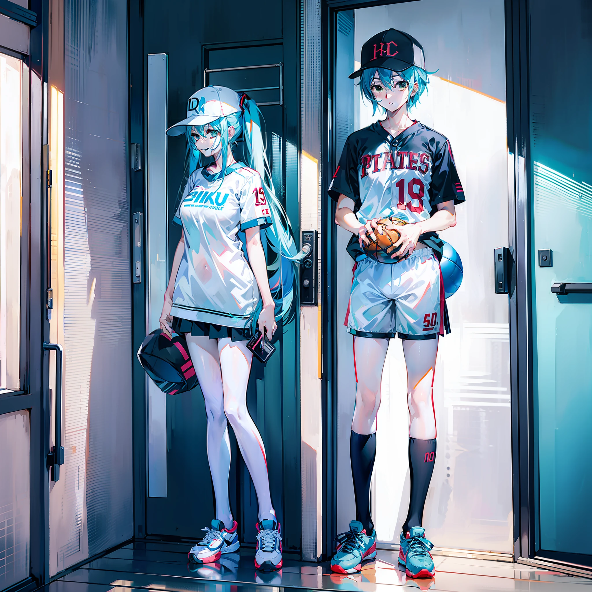full bodyesbian,Big breasts Hatsune Miku,standing on your feet,The shirt,baseball cap, basketball ball, staredown,athletic sneakers,Tall,Higher than the door,two guys,Short men and tall women