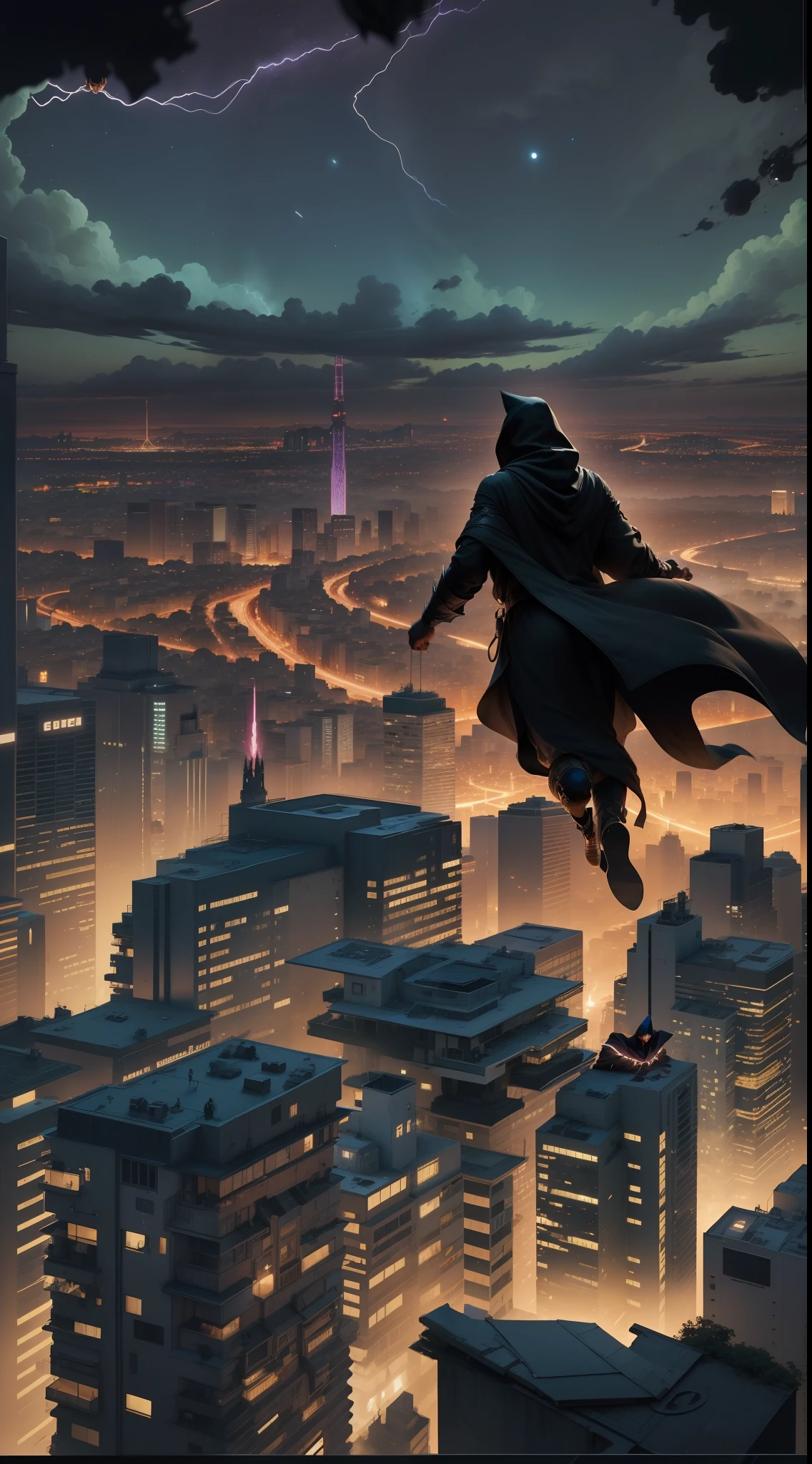 silhueta preto, villain pose, a man on his back in a hooded robe flying over the city at night, noite