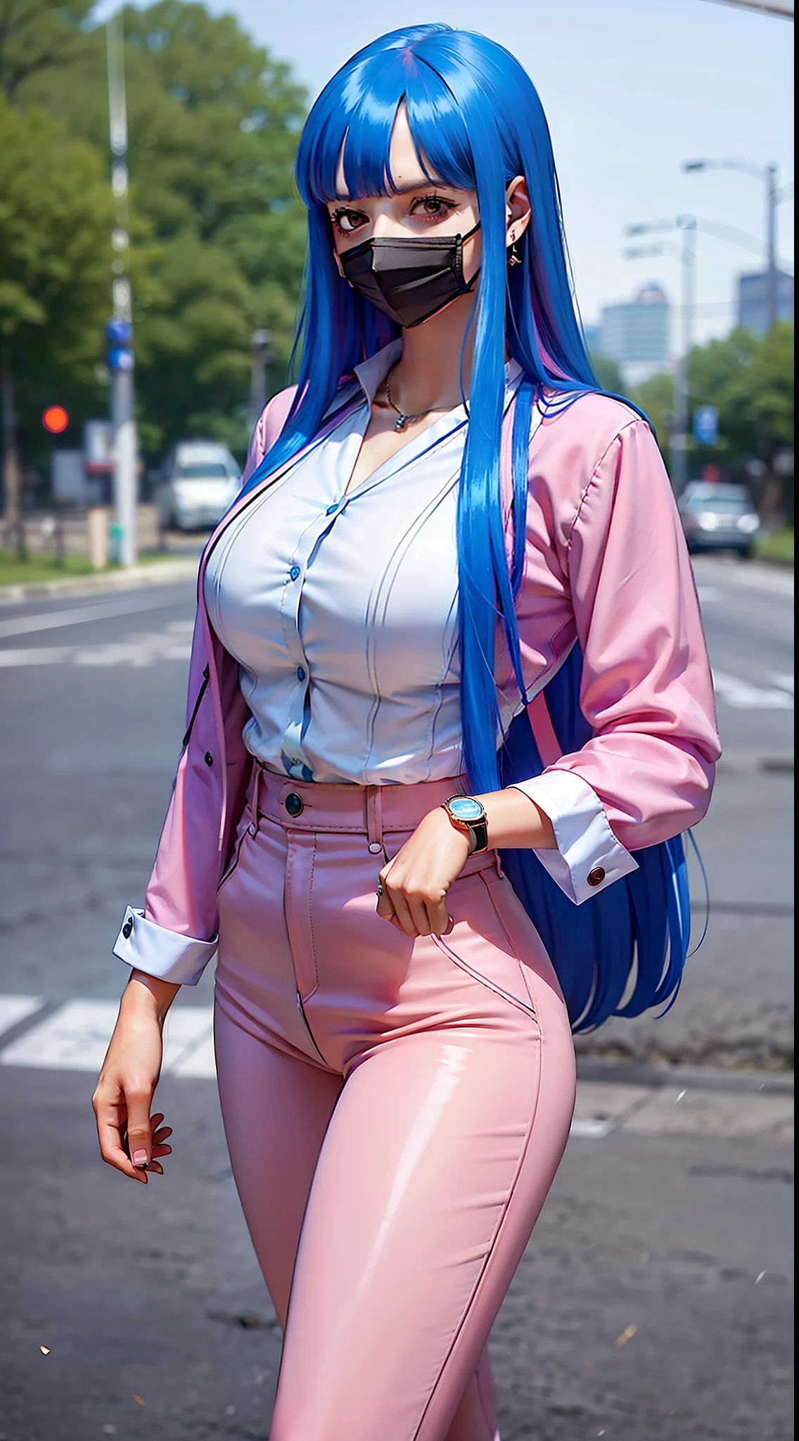 ulti from anime one piece, long hair, bangs, blue hair, pink hair strands, beautiful, beautiful woman, wears earrings, wears a watch on her left hand, perfect body, stands, wears a light blue formal shirt, wears a pink suit , pink pants, wearing formal clothes, looking at the audience, smiling, in the city of Tokyo, being on the side of the road, in a public place, wearing a mask