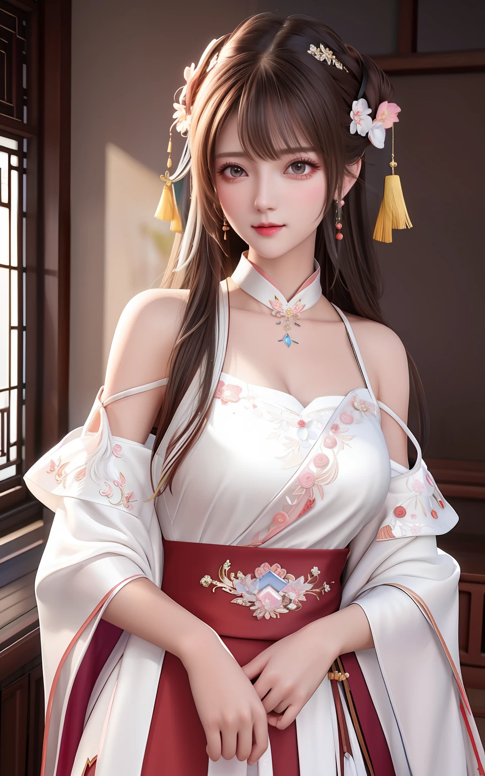 Need,tmasterpiece,A high resolution,1girll,Blushlush,(Seductive smile:0.8),starpupil,Chinese shoulder leaky red hanfu,White lace embroidered hanfu,Leaky shoulders,hair adornments,choker necklace,jewelry,beautfully face,On_Body,Dingdall effect,realisticlying,Shadow room,light edge,Two-tone lighting,(highdetailskin:1.2),8K, Ultra HD,Slr,softlighting,high high quality,Volumetriclighting,sneak shot,photore,A high resolution,4K,8K,Background bokeh,realisticlying