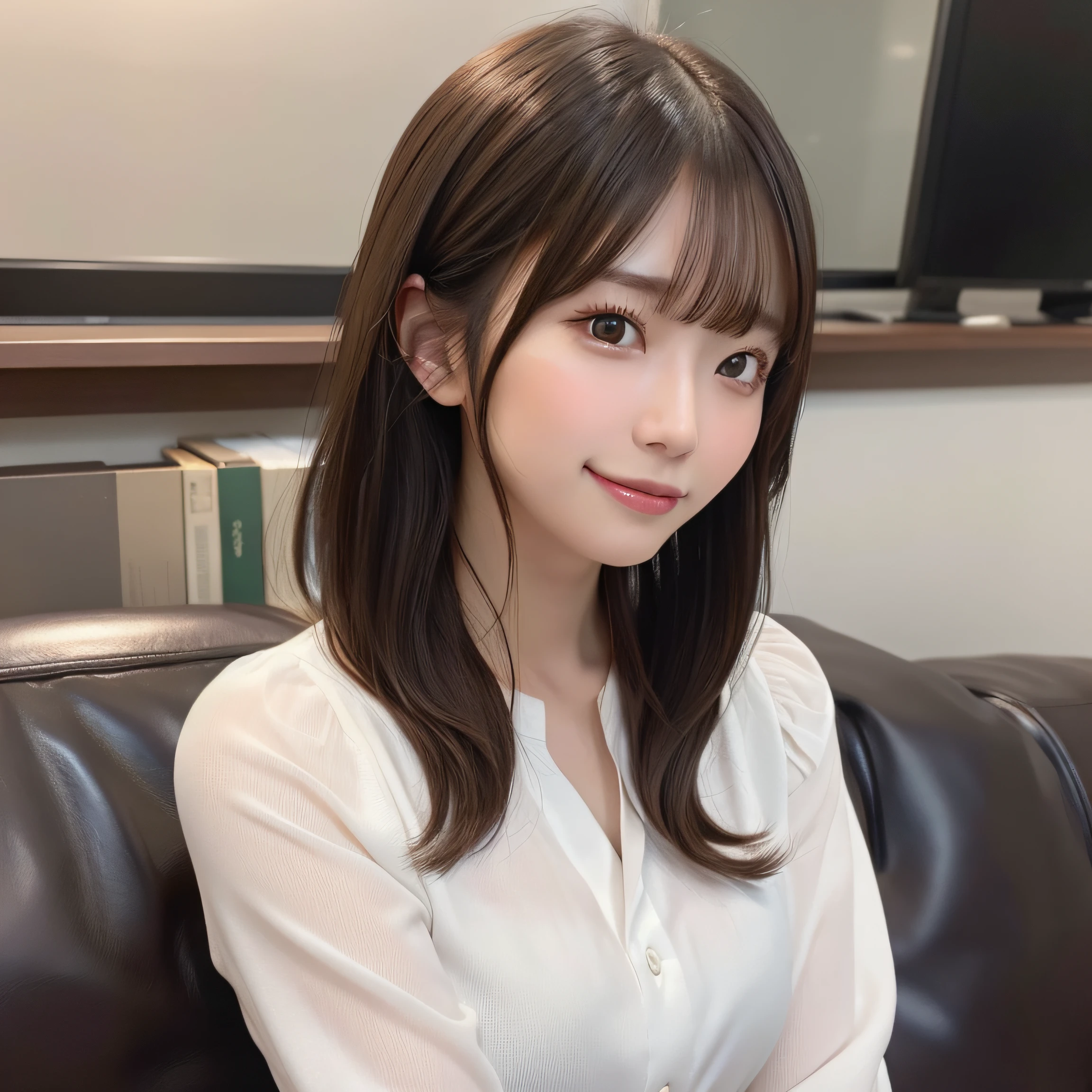 8k RAW photo,Best Quality, top-quality:1.1, masterpiece:1.3,超A high resolution, (Photorealistic:1.4), Raw photo, (upper thigh:1.5, From Side), natural skin textures:1.1, realistic eyes and face details:1.3, Full lips,(Background is blurry:1.4), (in a suite), 1日本人の女の子, Cute, (Solo:1.6), (Shy smile), (Dark brown eyes), Smooth skin, (Brown medium hair,Bangs), (touch hair:1.4),nogizaka,s Office,Business suits、full bodyesbian、Sit on the sofa