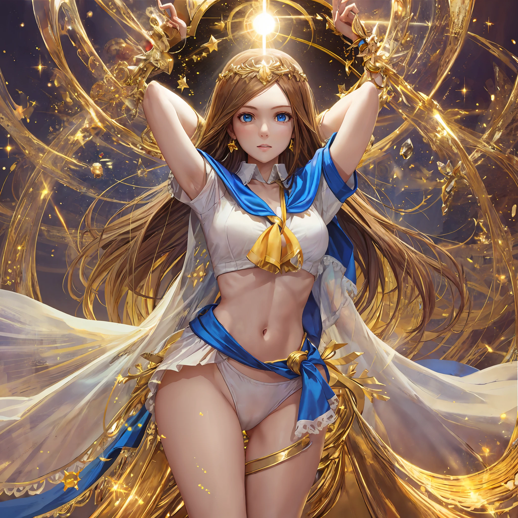 charlotte aulin,brown hair, blue eyes, in a white bikini and gold crown standing in a tunnel, cinematic goddess body shot, goddess of light, the sailor galaxia. beautiful, celestial goddess, a beautiful fantasy empress, golden goddess, as the goddess of the sun, goddess of the sun, cinematic goddess shot, golden goddess athena, full body cgsociety, angelic golden armor